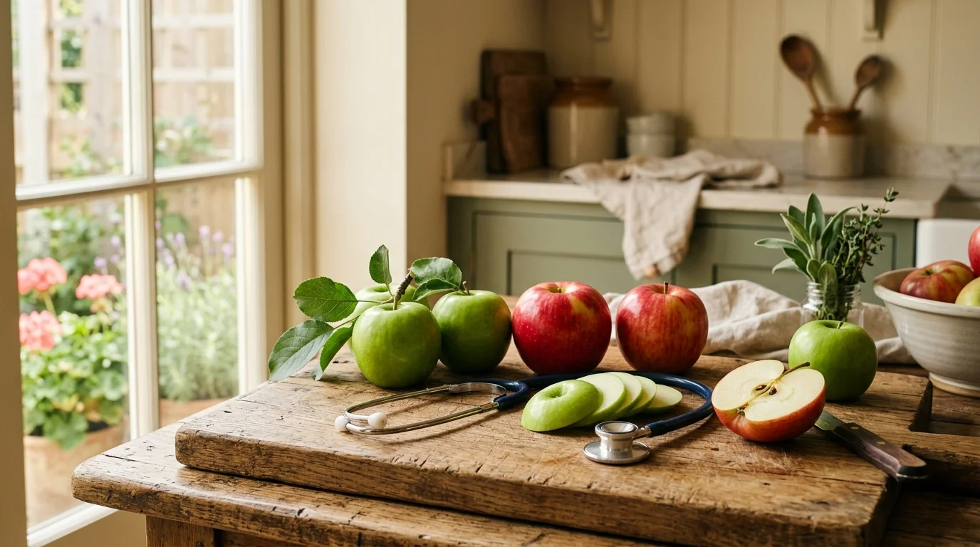 Fresh red and green apples on a rustic wooden cutting board with a stethoscope — where food meets medicine