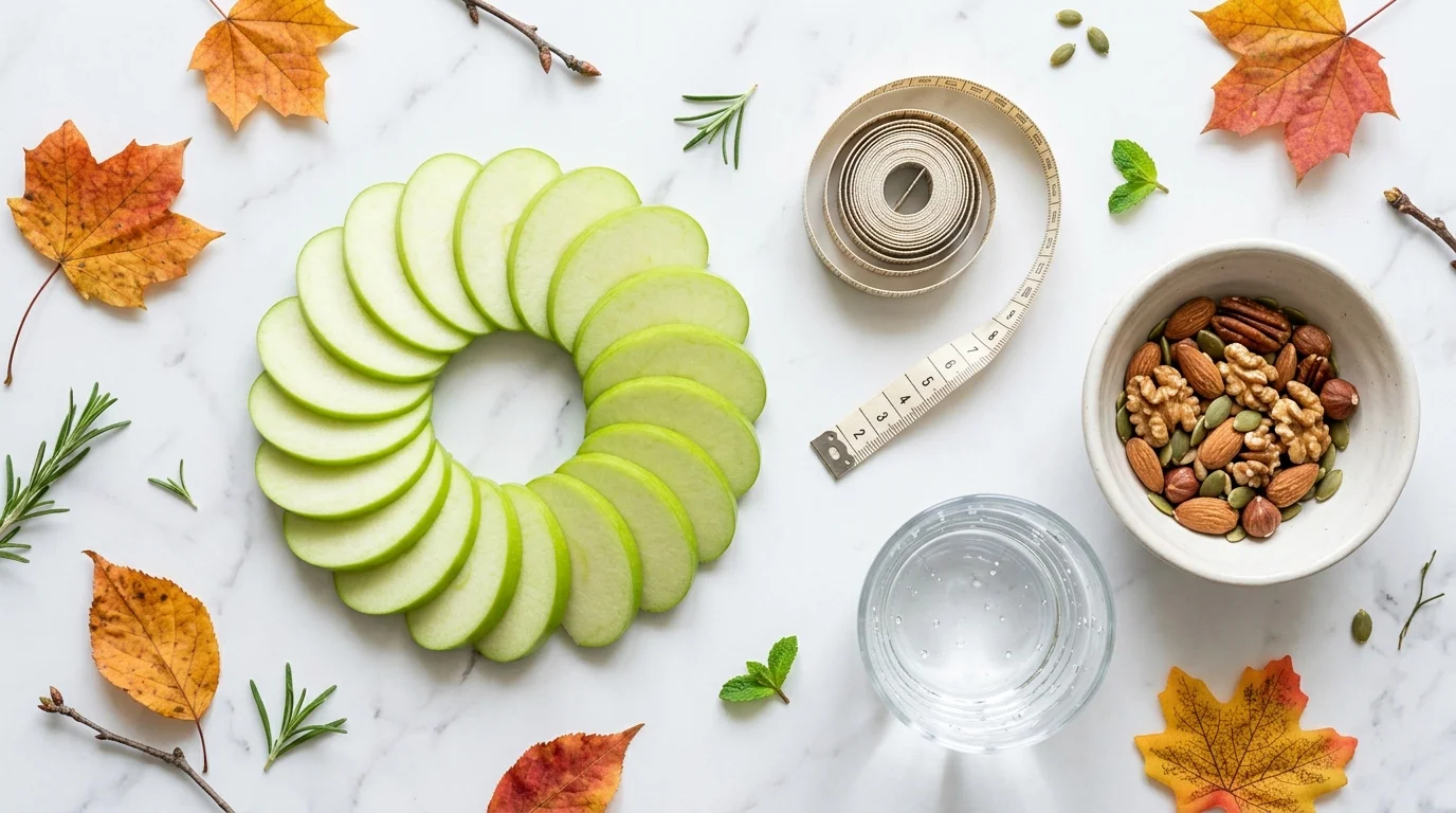 Overhead view of sliced green apples arranged artistically with nuts and water on a marble surface