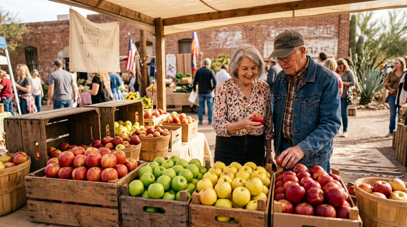 Colorful display of fresh apple varieties at an outdoor farmers market in a small Arizona town