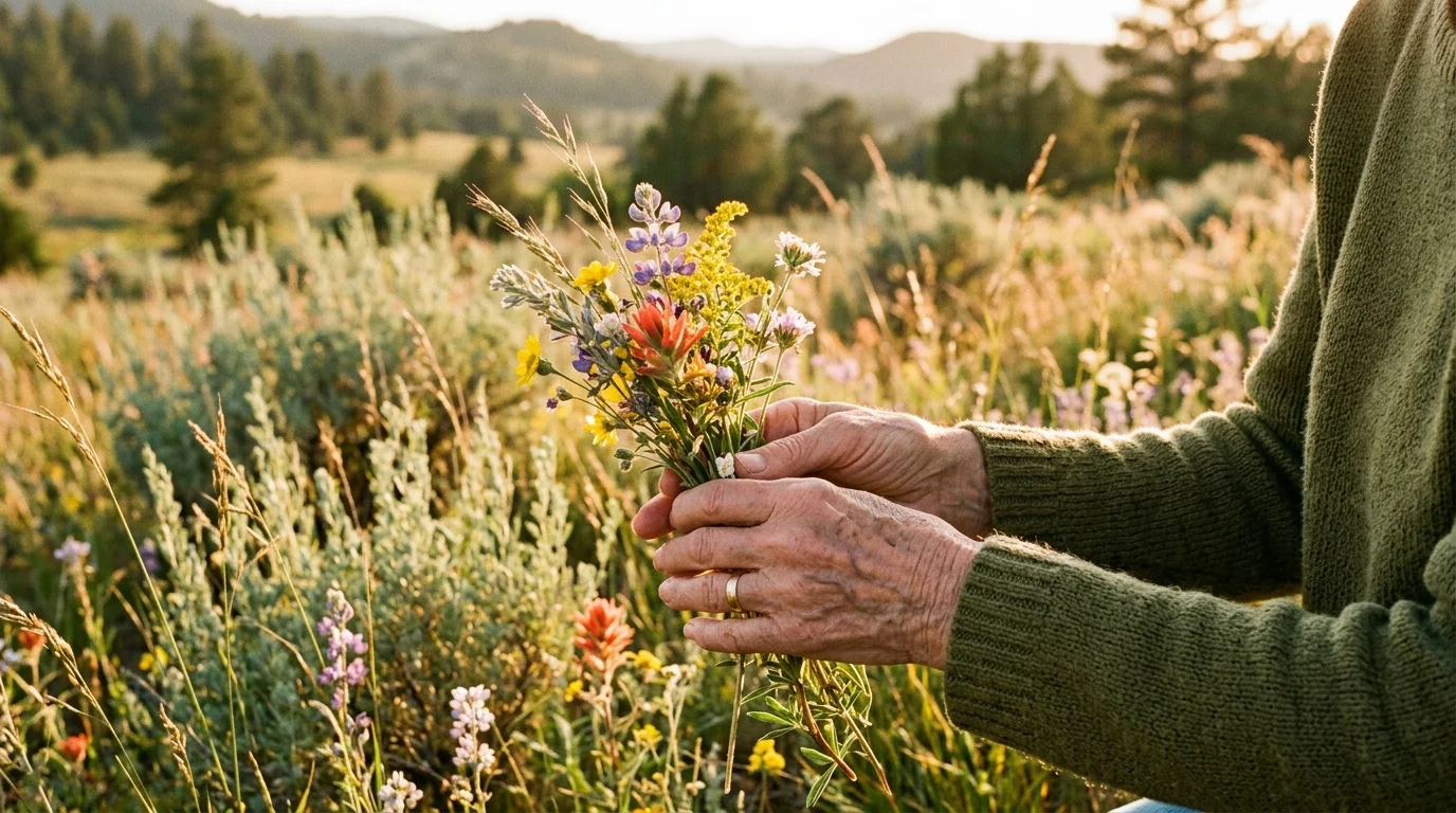 Elderly woman's hands gently holding wildflowers in a sun-dappled Arizona meadow