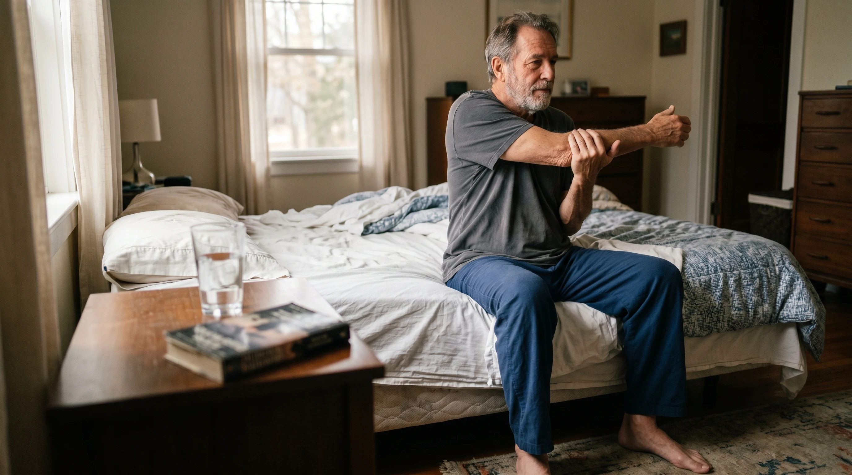 Senior doing gentle morning stretching at home to manage arthritis stiffness