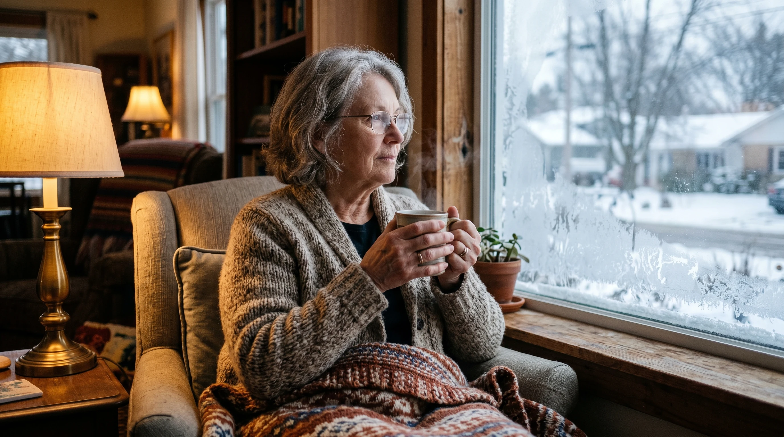 Senior with stiff hands warming them with a warm mug on a cold morning