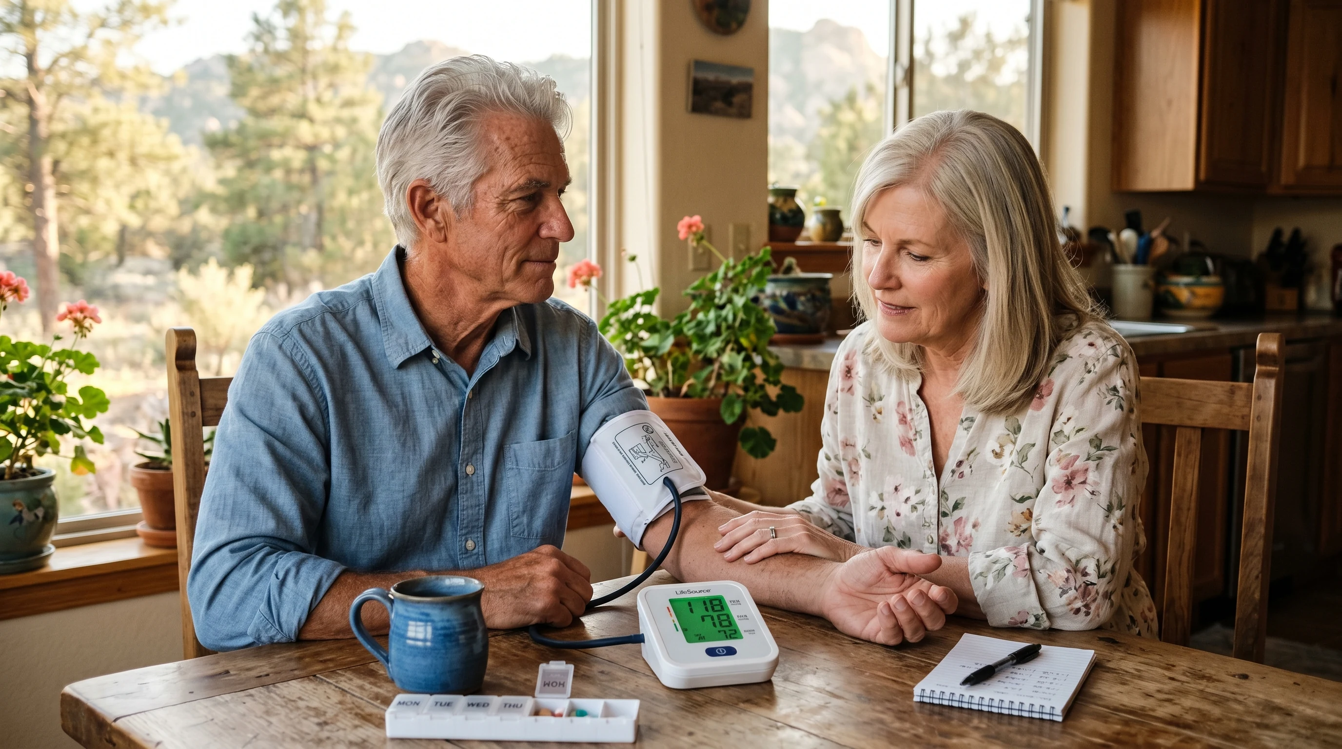 Senior couple at kitchen table checking blood pressure with home monitor in Prescott Arizona
