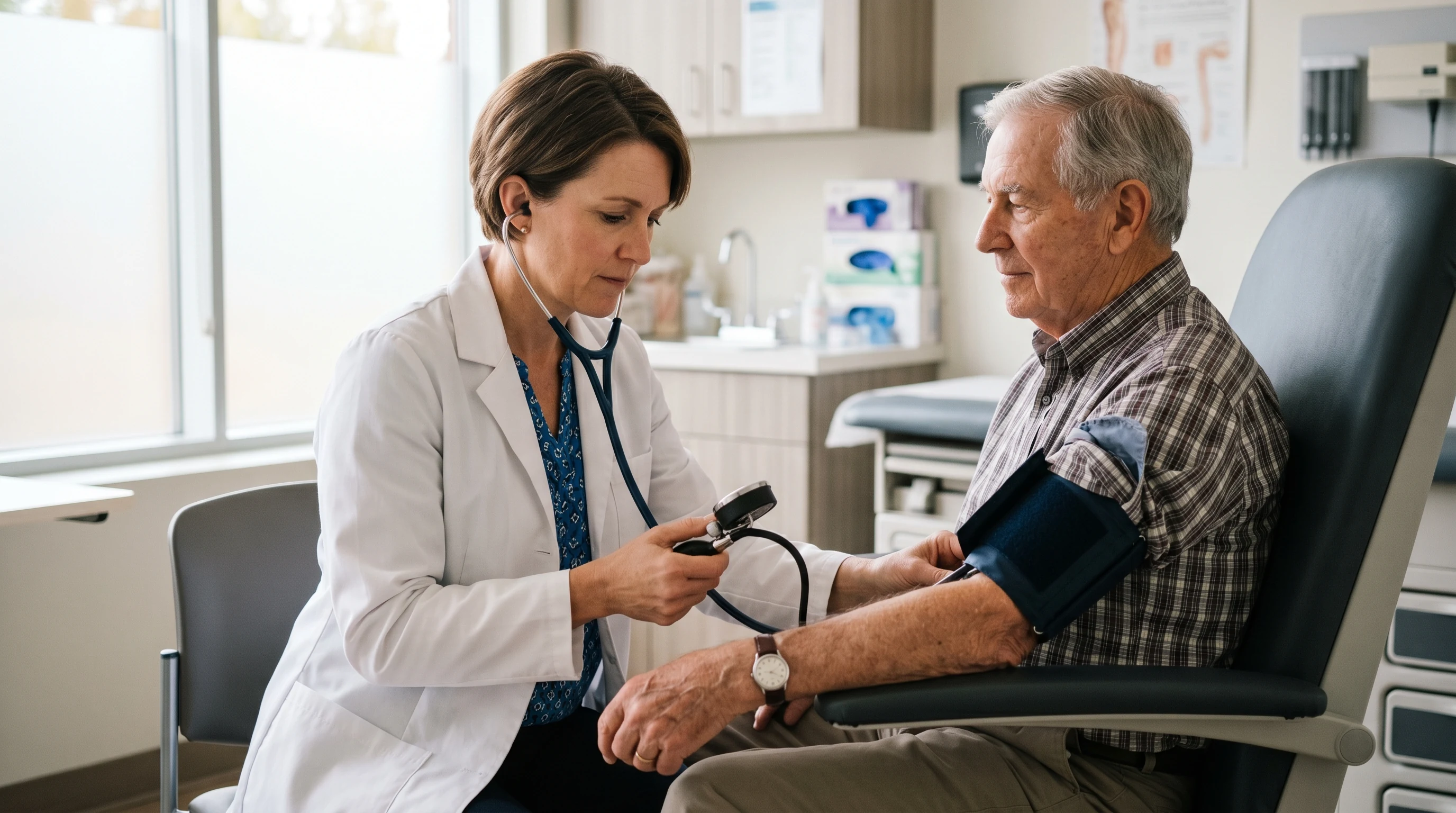 Family physician taking a senior patient's blood pressure in clinic