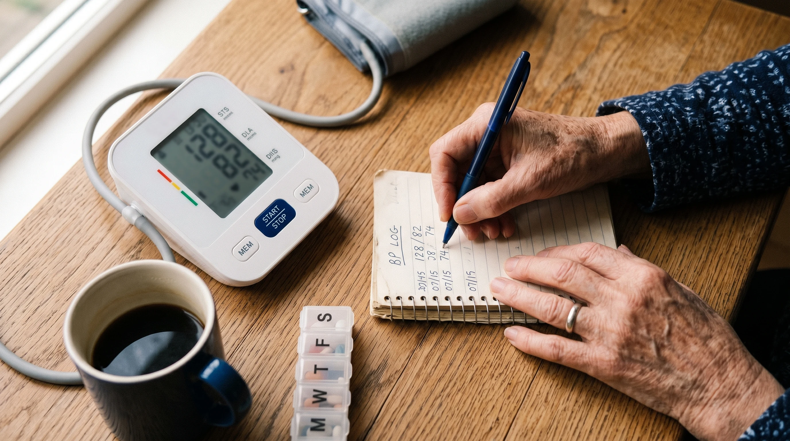 Hand recording home blood pressure readings in a paper log