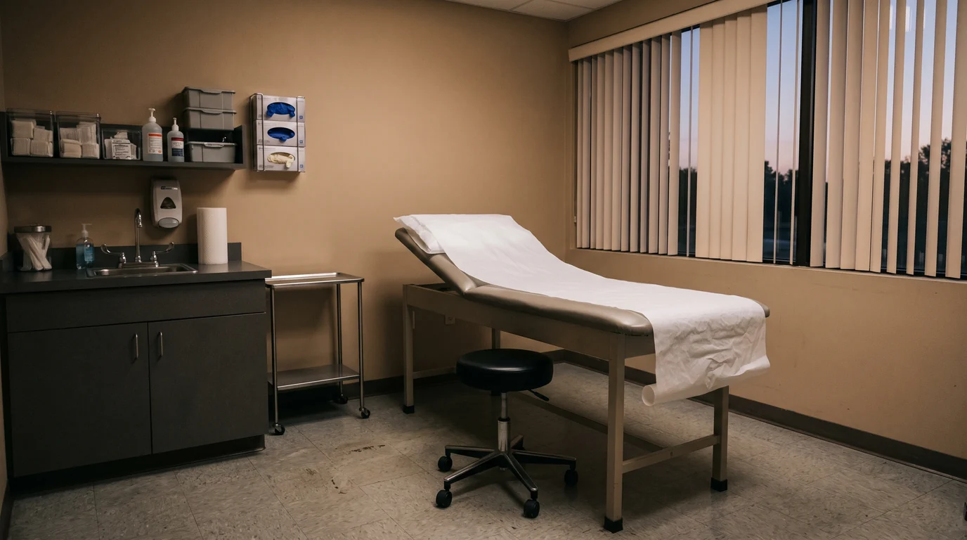 An empty medical exam room at the end of the day