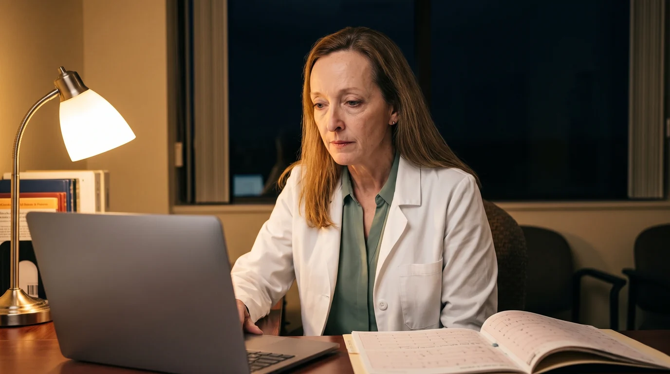 A physician working at a desk late in the evening by lamplight