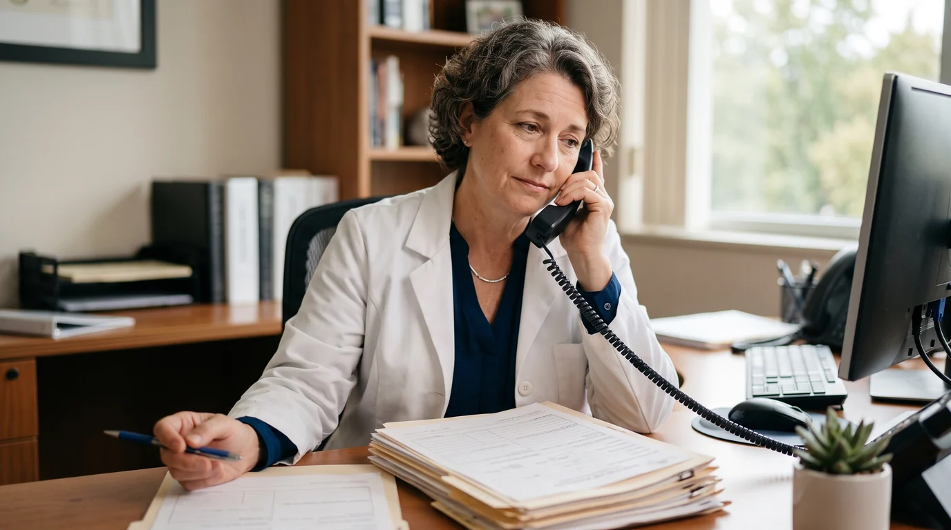 A physician on hold on the telephone beside a stack of paper forms