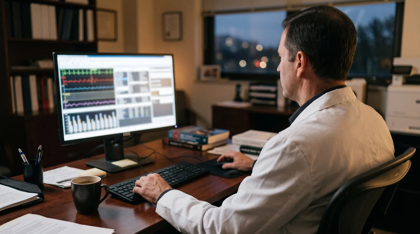 A physician reviewing patient results on a computer screen in the evening