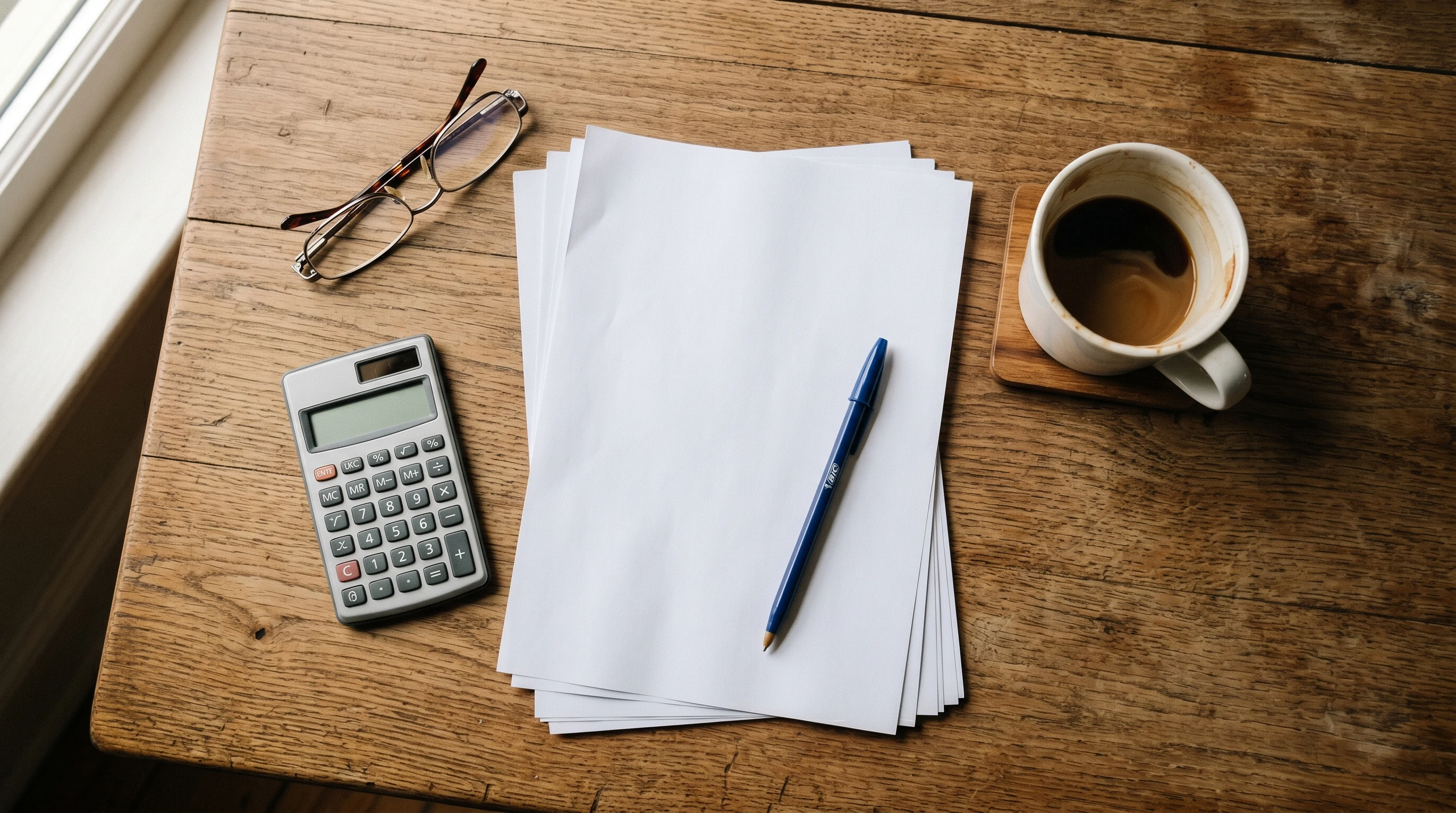 Stack of paperwork, a calculator, and reading glasses on a kitchen table