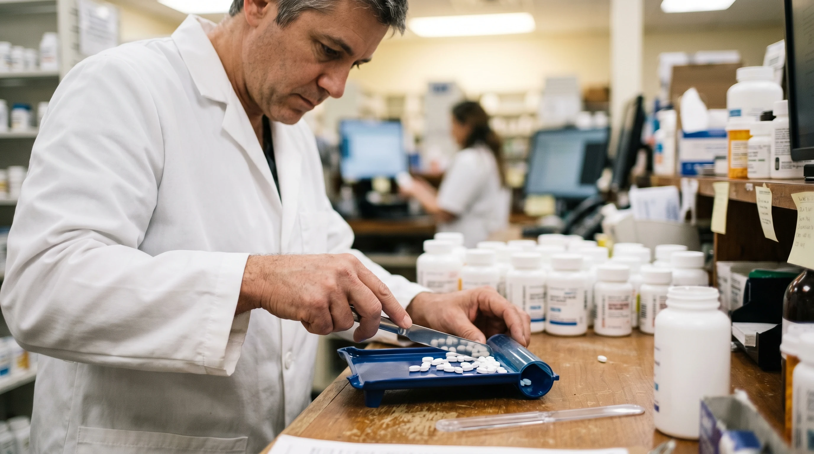 Pharmacist counting generic pills in a pharmacy