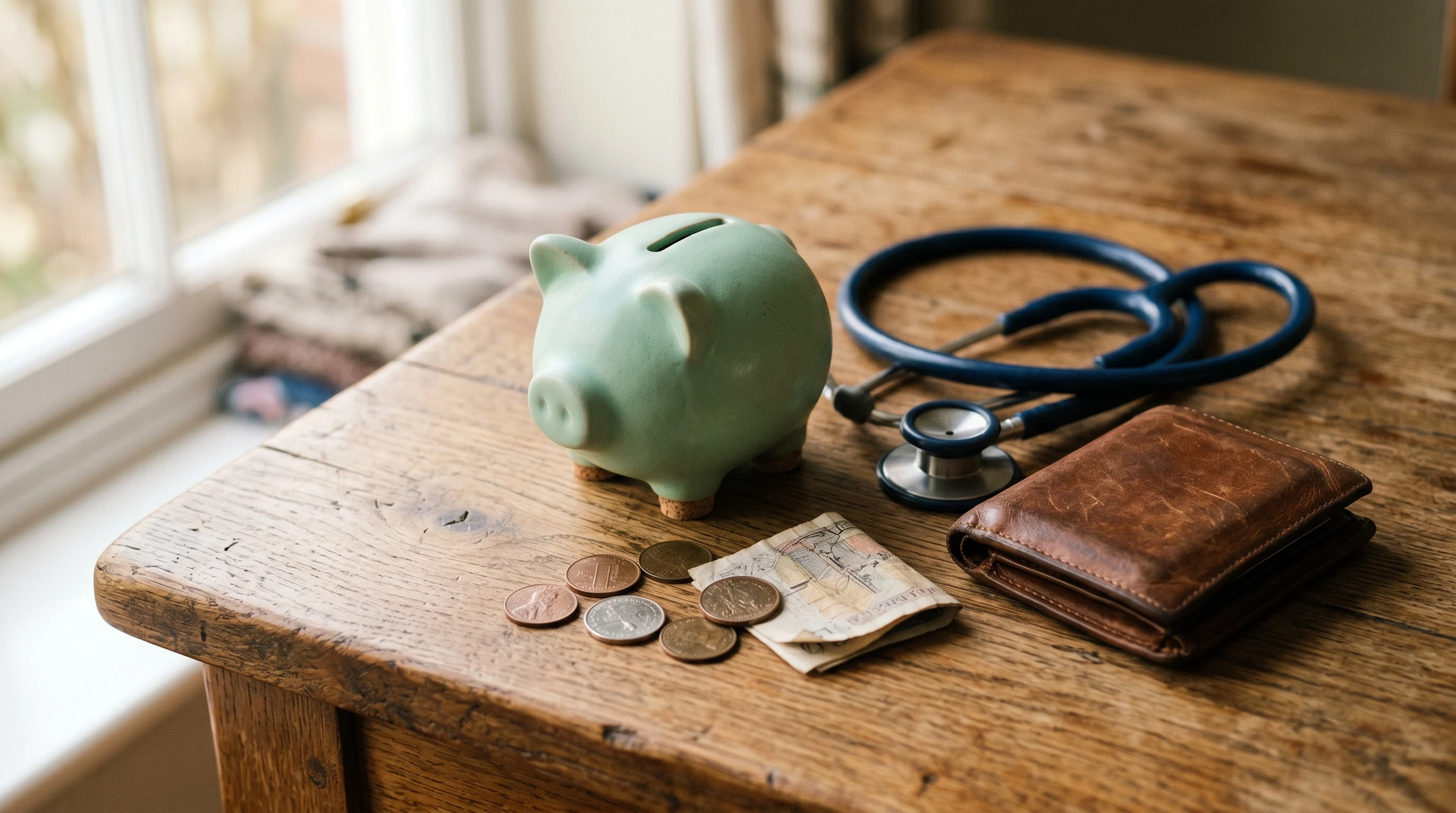 Piggy bank with stethoscope on a wooden table representing healthcare savings