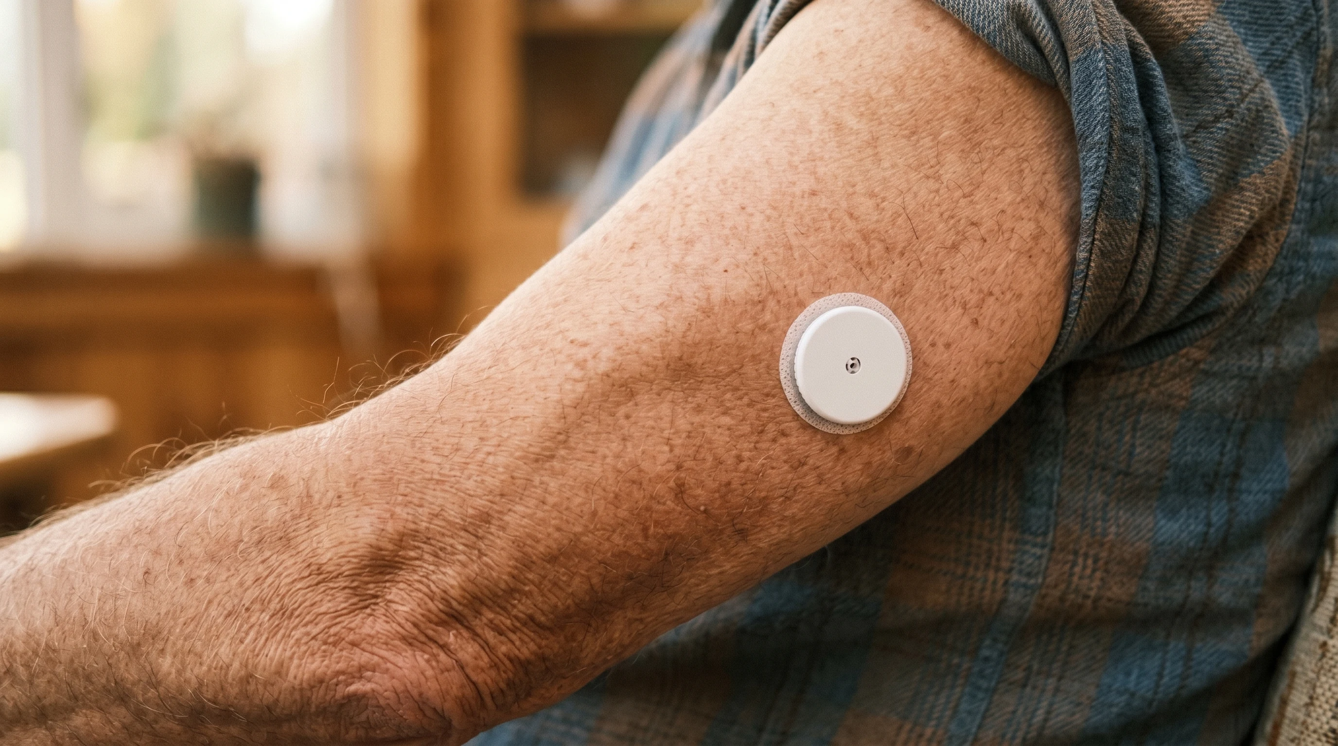 Continuous glucose monitor sensor on a senior's upper arm