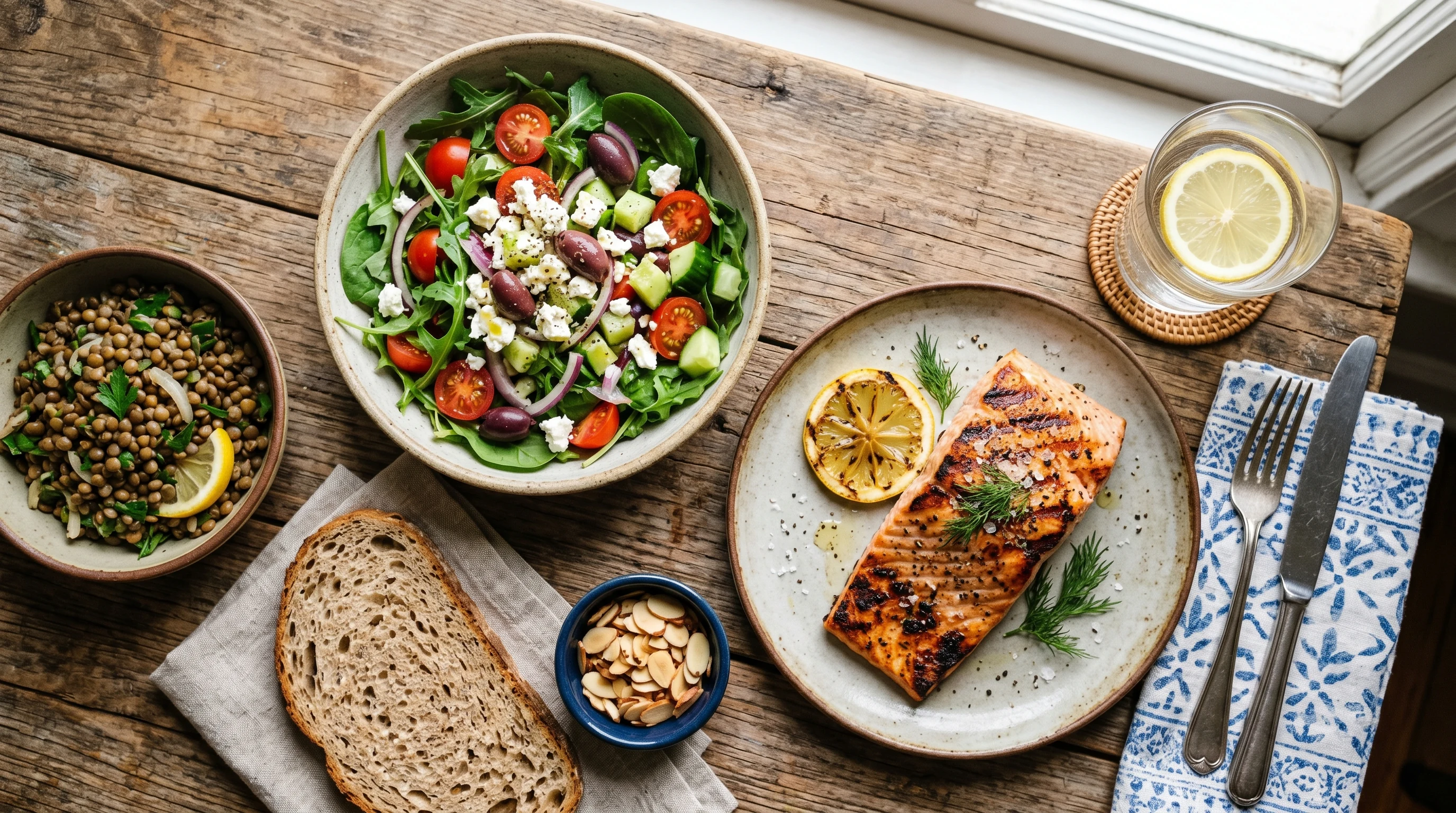 Mediterranean diet meal on a wooden table — vegetables, olive oil, fish, legumes