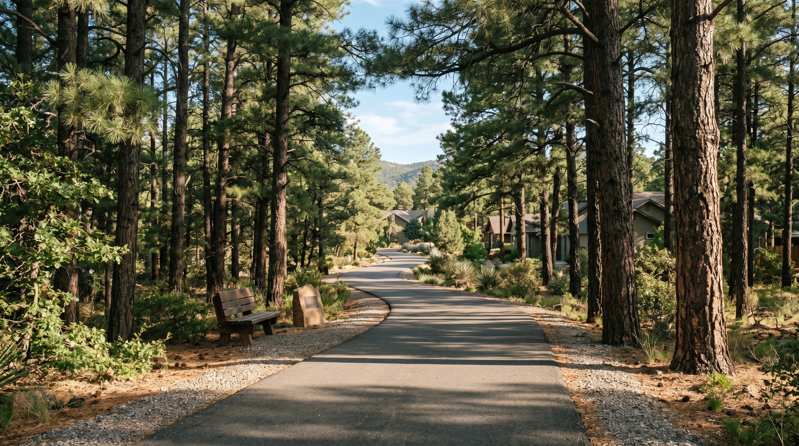 Tree-lined neighborhood path in a Prescott Arizona walking-friendly area