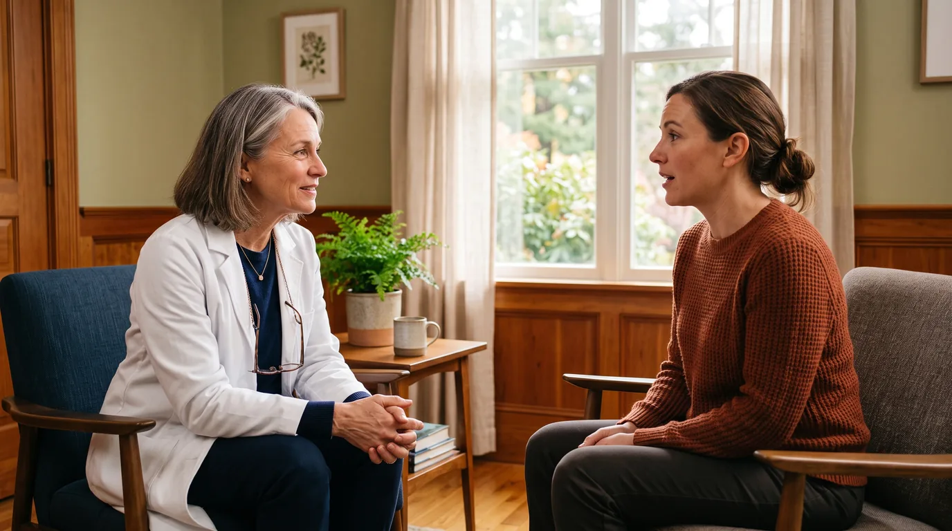 A physician and patient talking knee to knee in a sunlit consultation room
