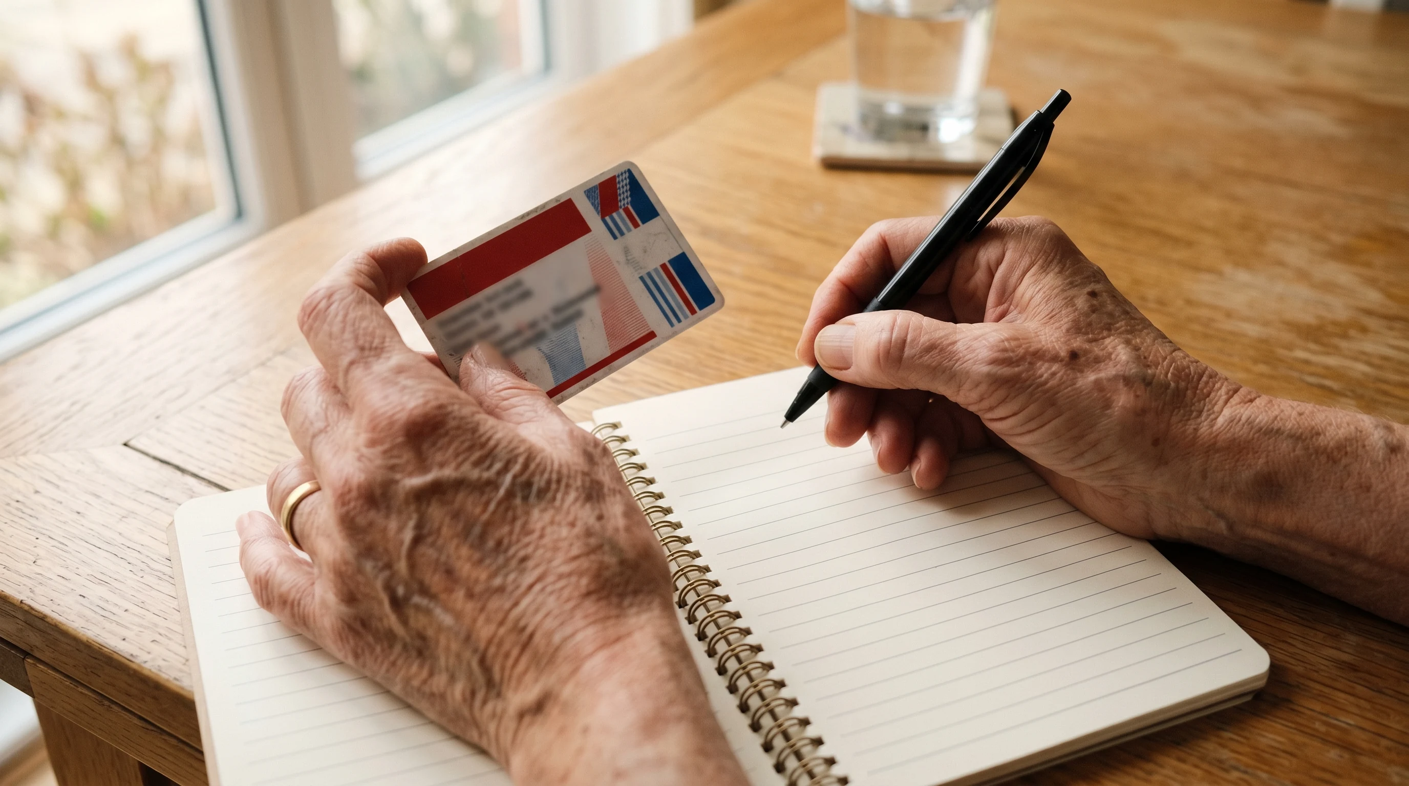 Senior holding a generic Medicare card while reviewing healthcare options