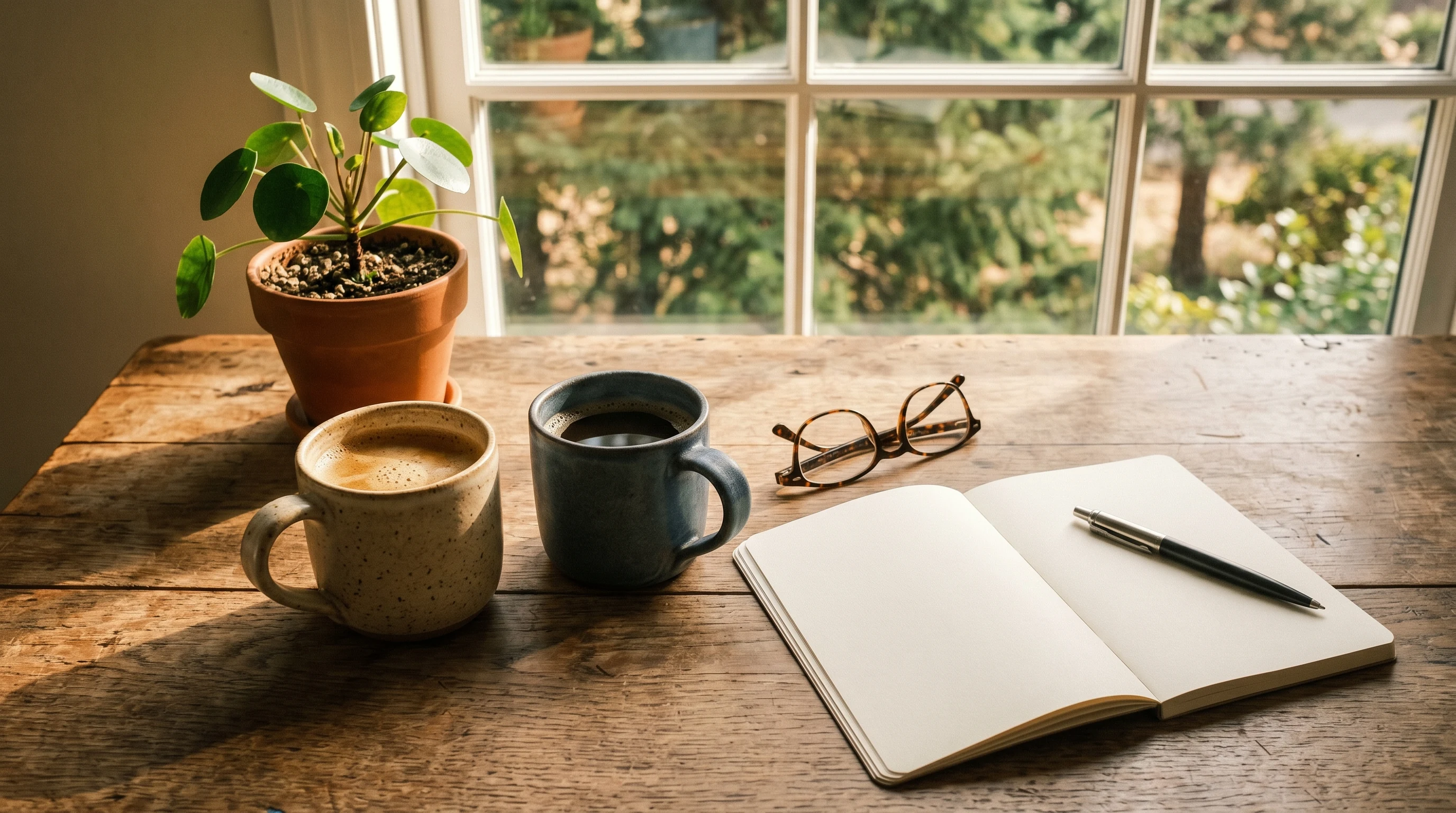 Coffee mugs and a clean notebook on a sunlit kitchen table