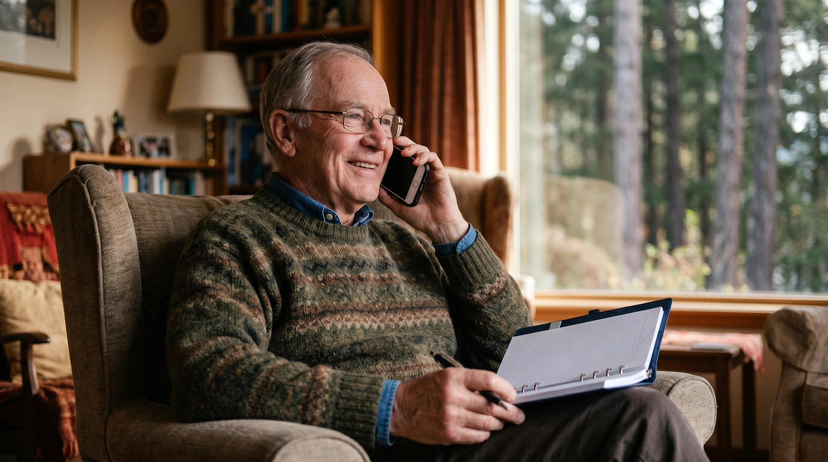 Senior on a phone call with their primary care physician from home