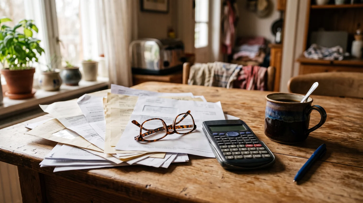 Household healthcare paperwork, a calculator and reading glasses on a table