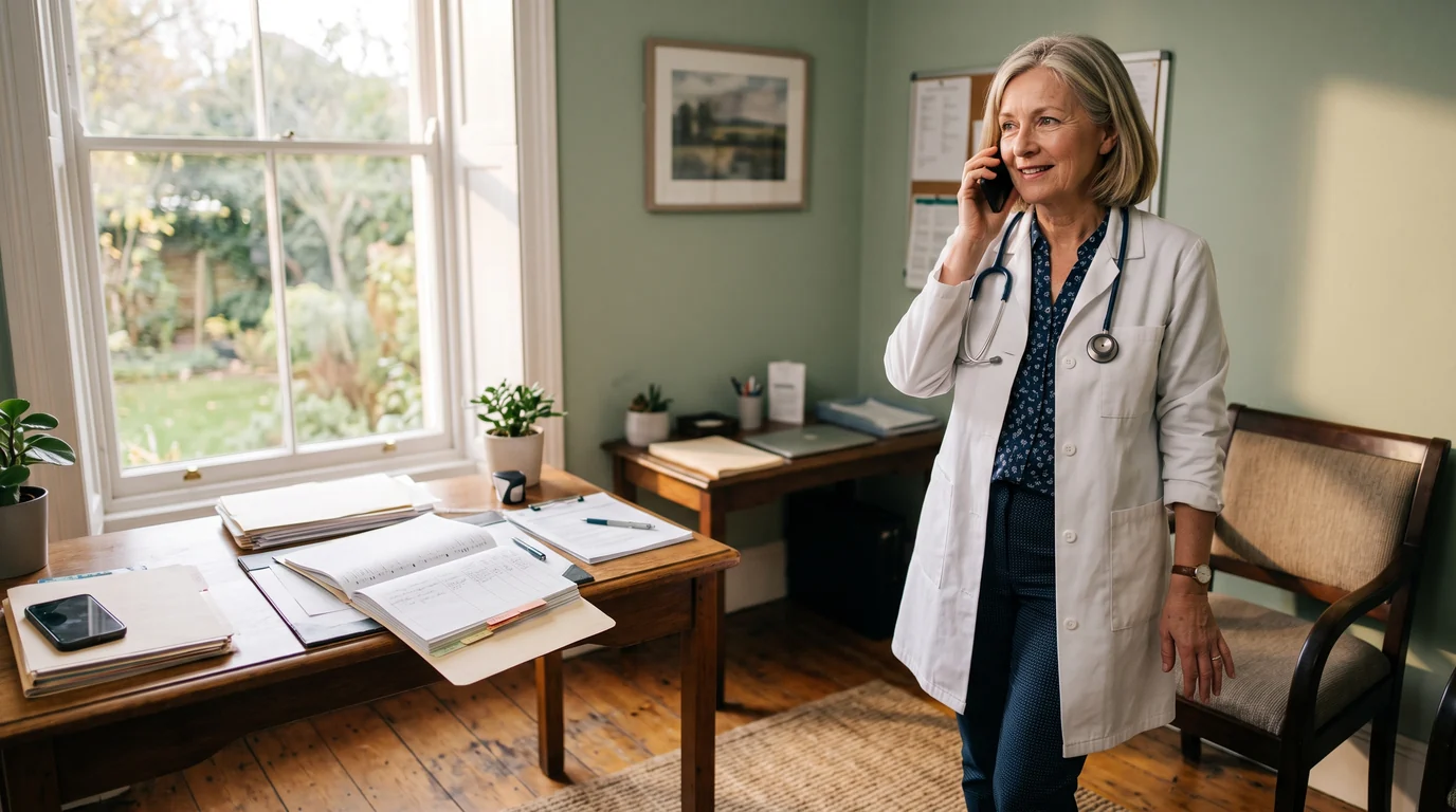 A physician standing by a window taking a patient phone call