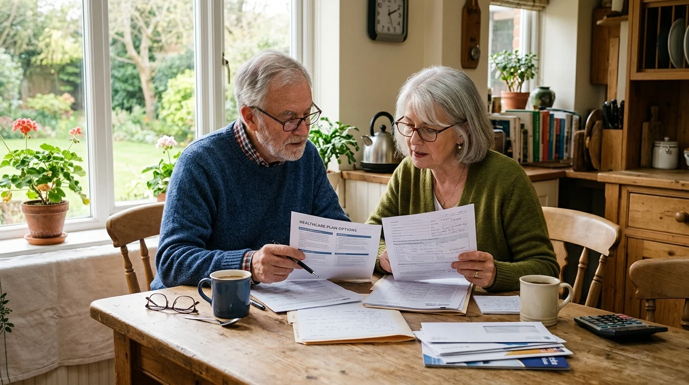 Senior couple reviewing healthcare paperwork and documents at their kitchen table