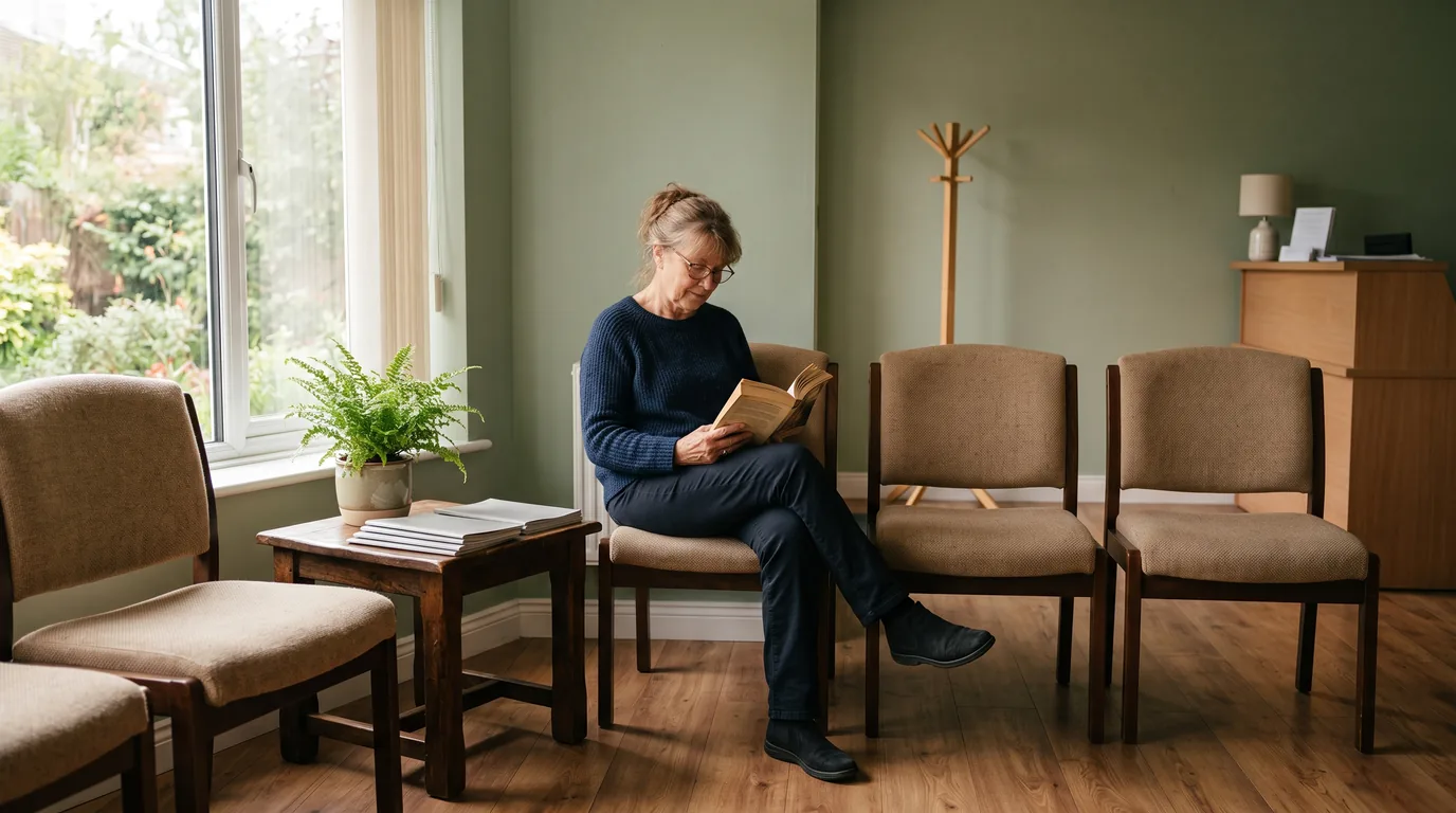A calm, nearly empty small medical waiting room with warm daylight