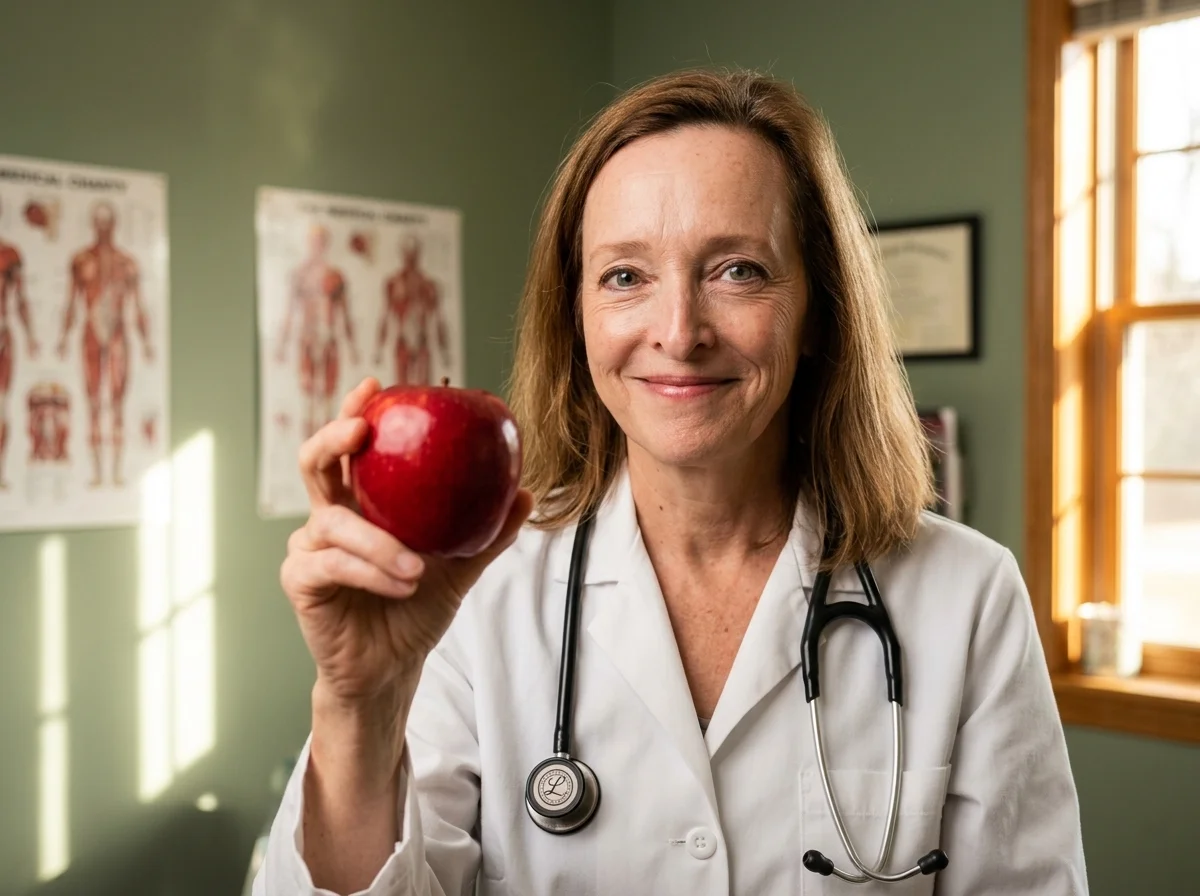 Dr. Deanna Price holding up a red apple with a playful smile in her Prescott medical office