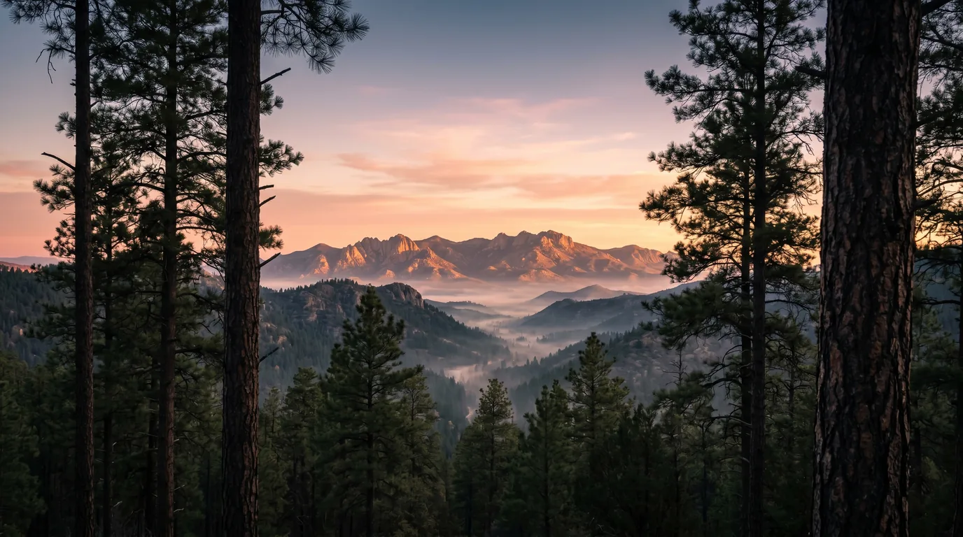 Sunrise over Granite Mountain Wilderness framed by ponderosa pines — the view from near Prescott Professional Healthcare's office
