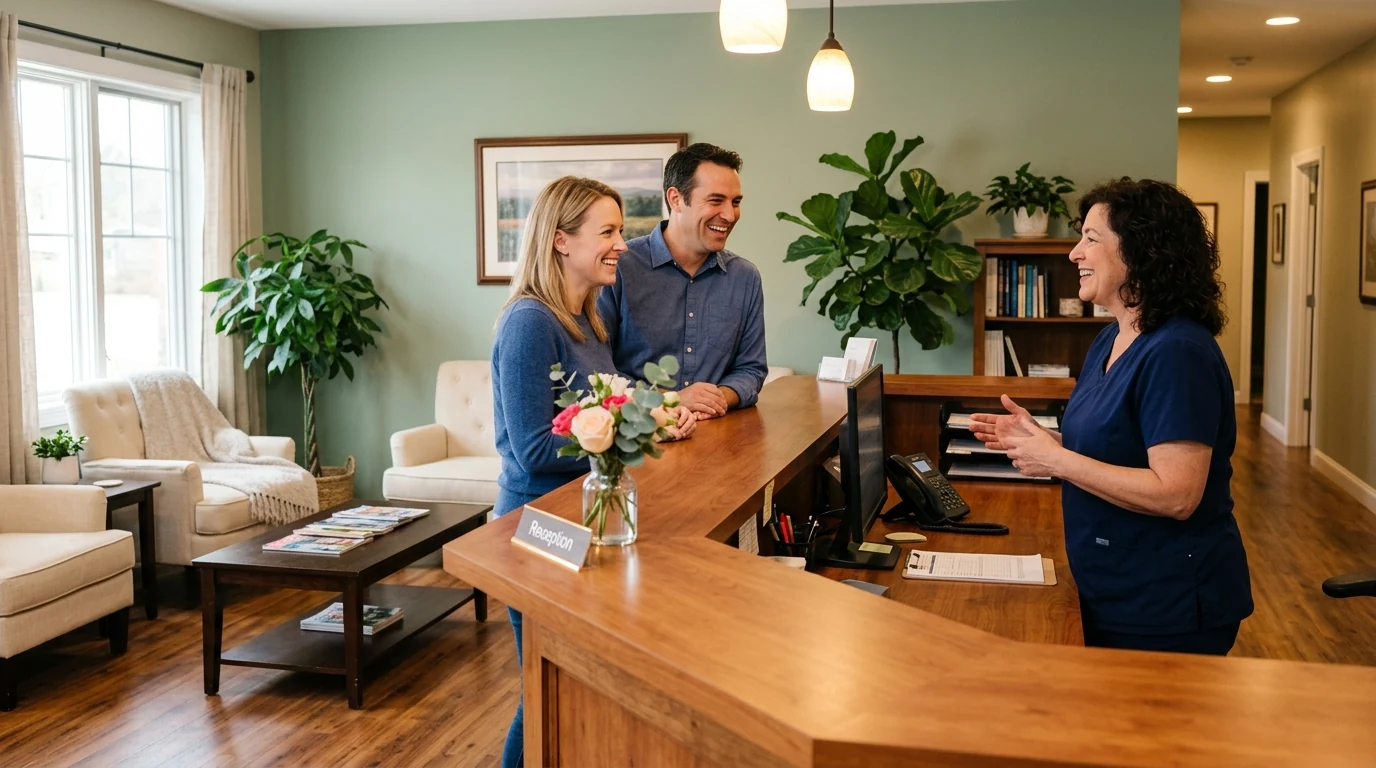 Warm medical office reception area with friendly receptionist greeting a couple at a wooden counter