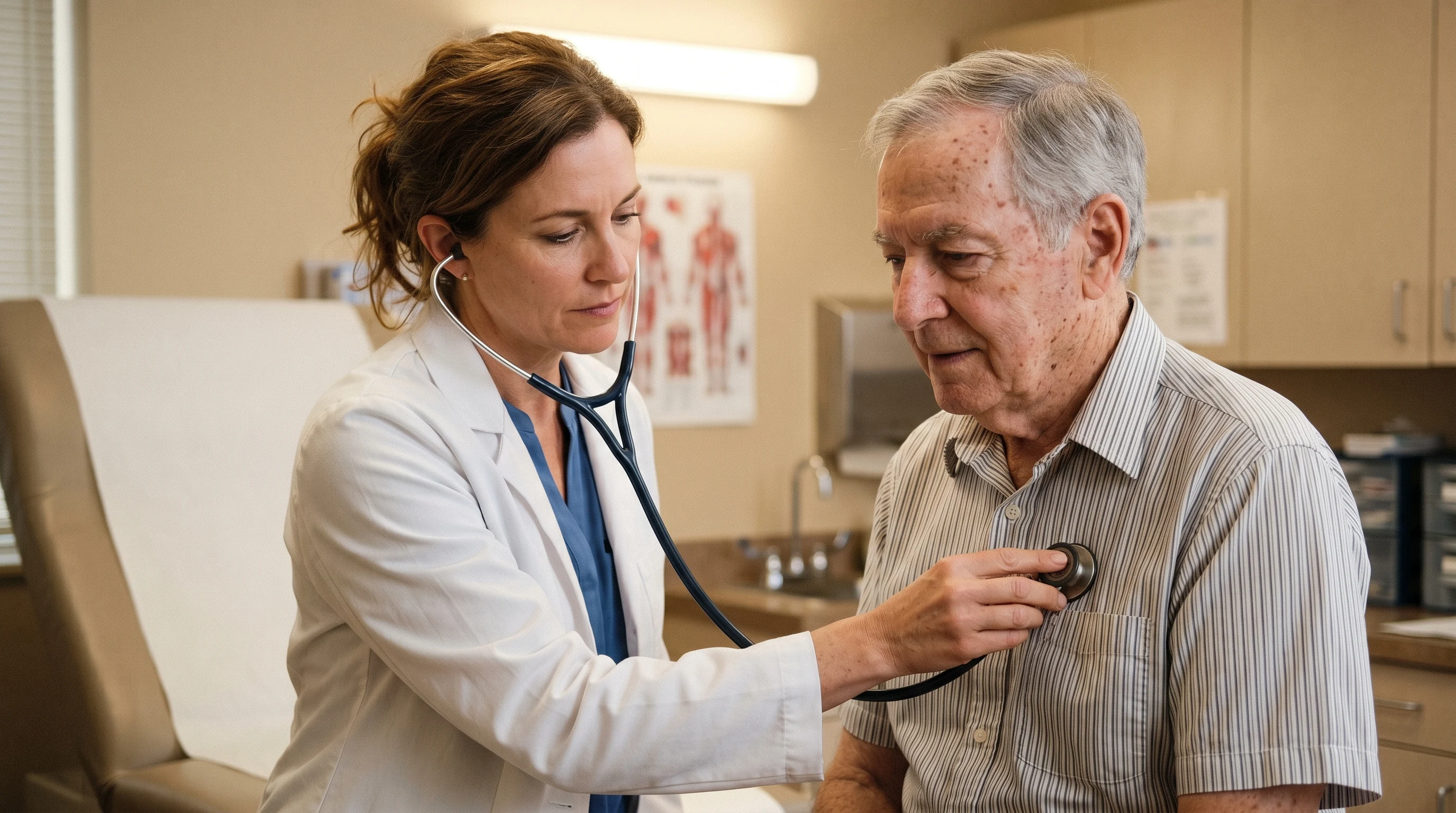 Doctor performing a thorough physical exam — listening to heart and lungs