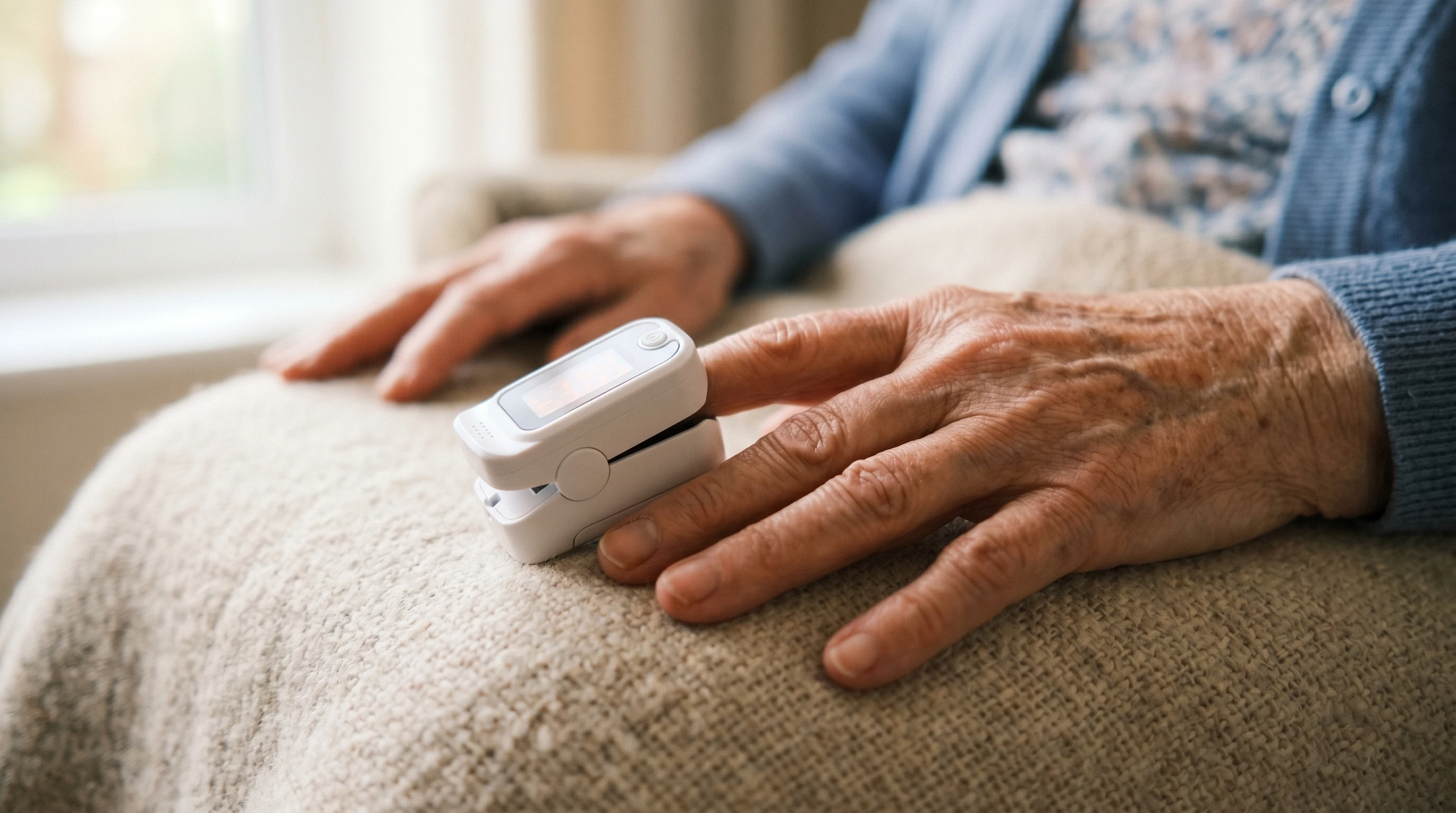 Pulse oximeter on an older patient's fingertip showing oxygen saturation reading