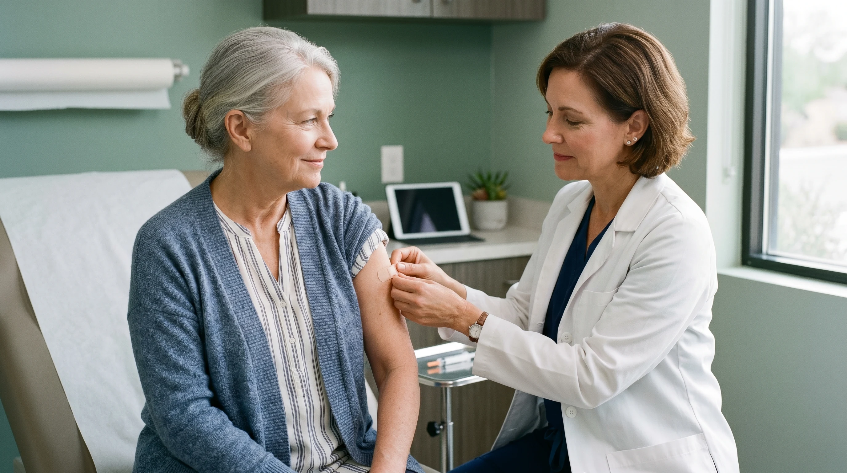Senior woman receiving a flu vaccine from her physician in a bright exam room