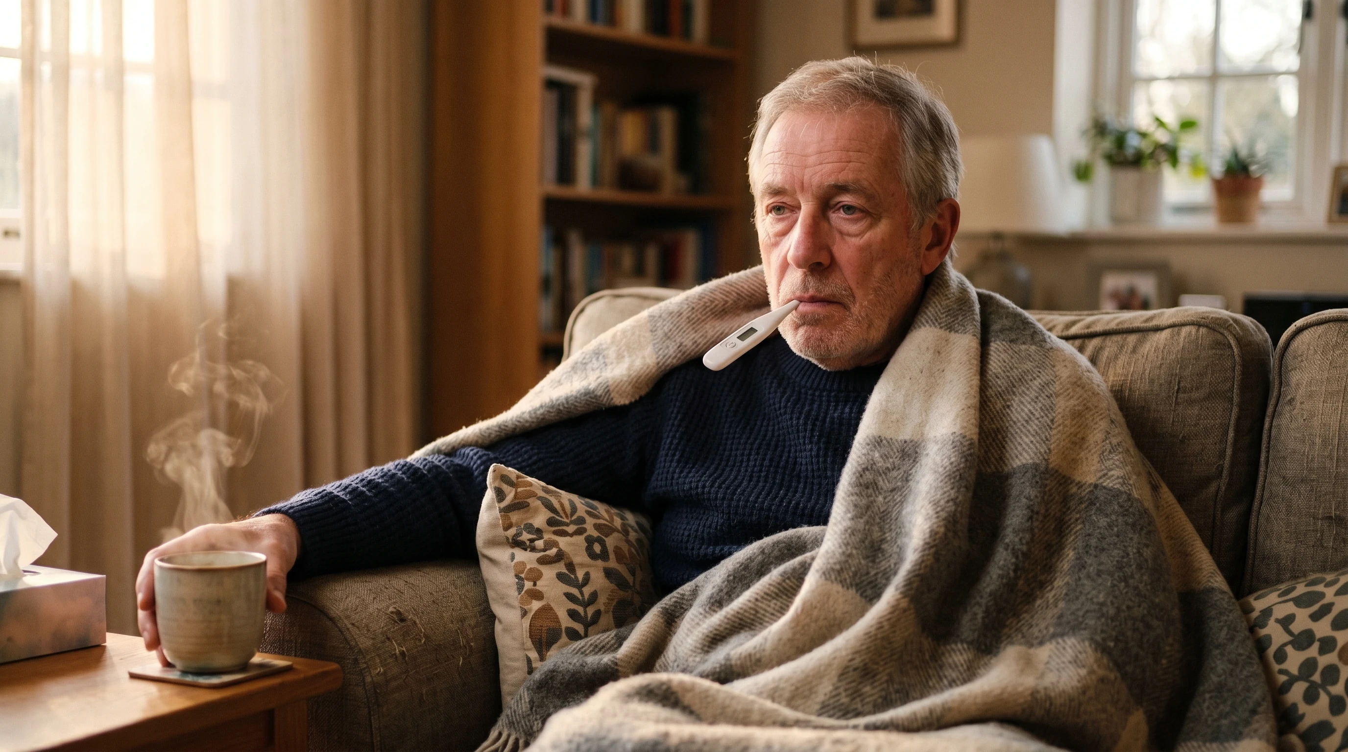Senior man checking his temperature with an oral thermometer at home, looking unwell