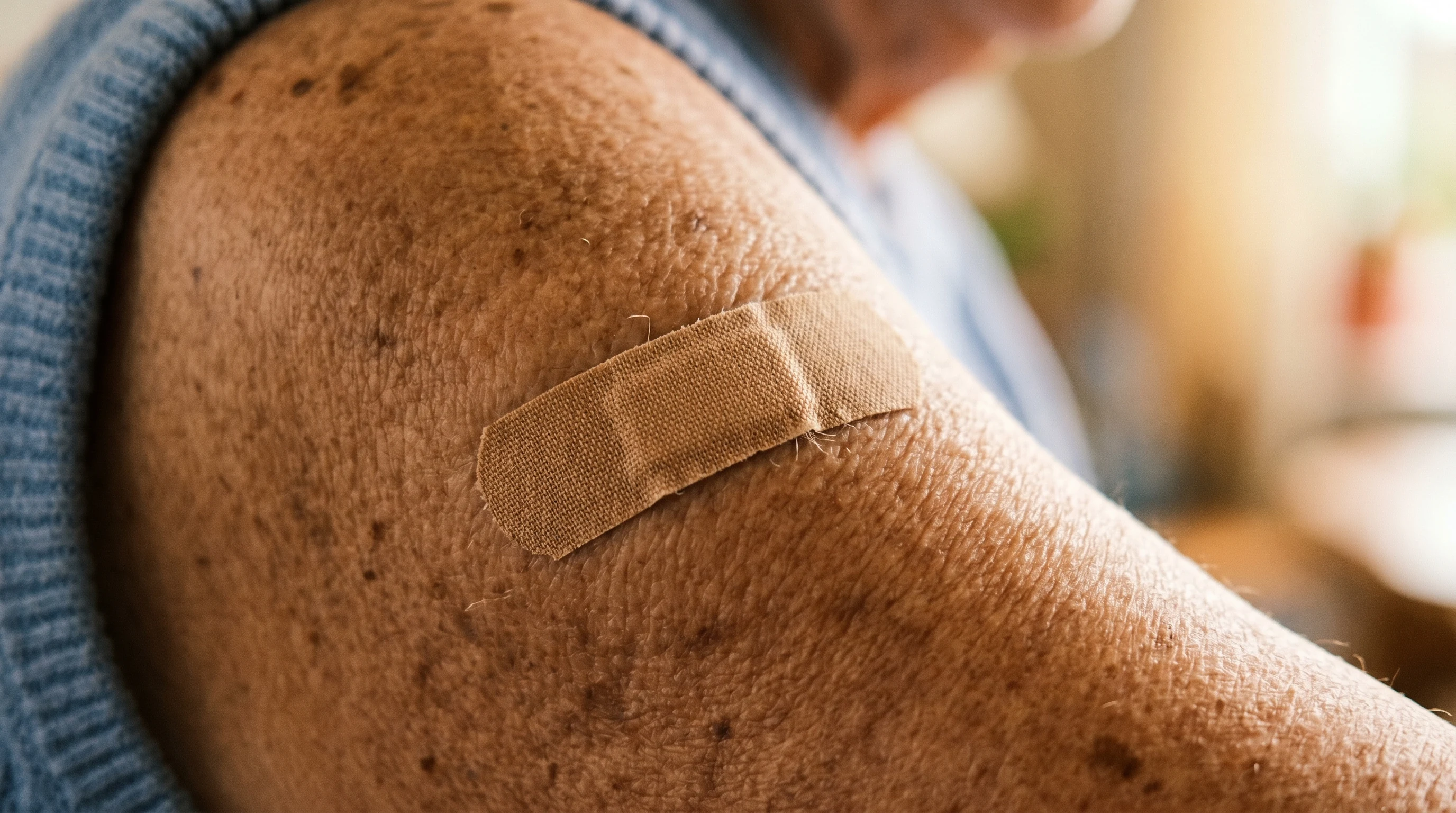 Bandaid being placed on a senior patient's upper arm after vaccination