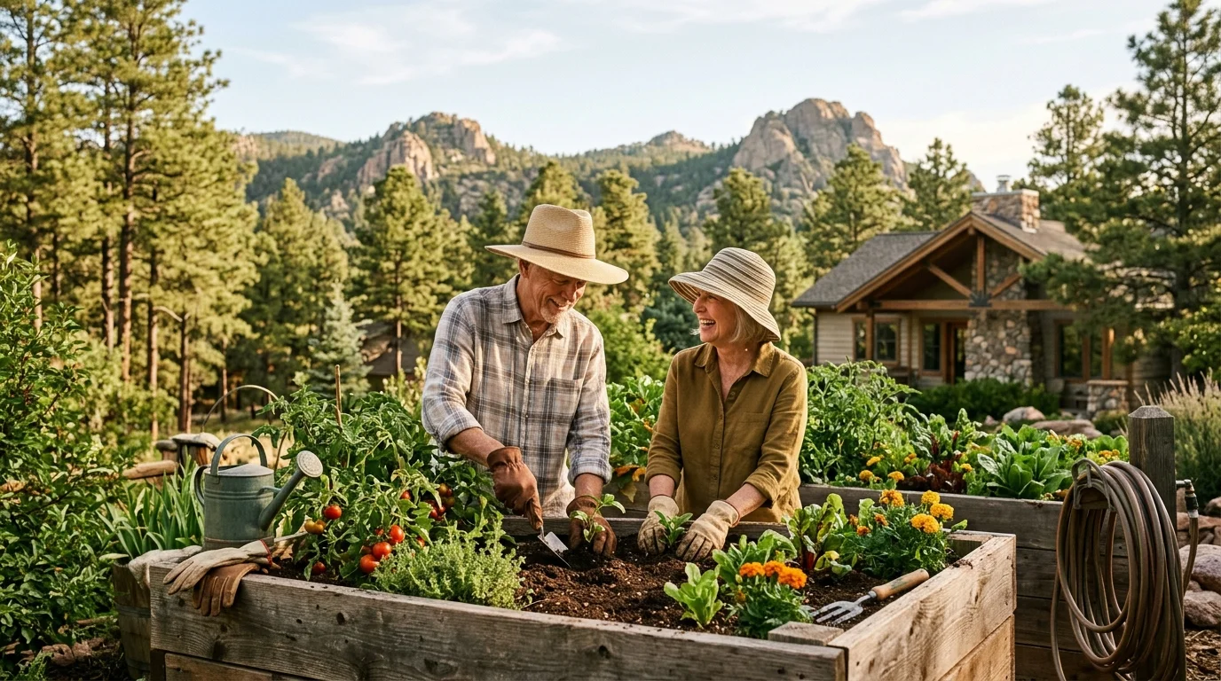 Senior couple tending a raised garden bed with Prescott Arizona pine trees in the background