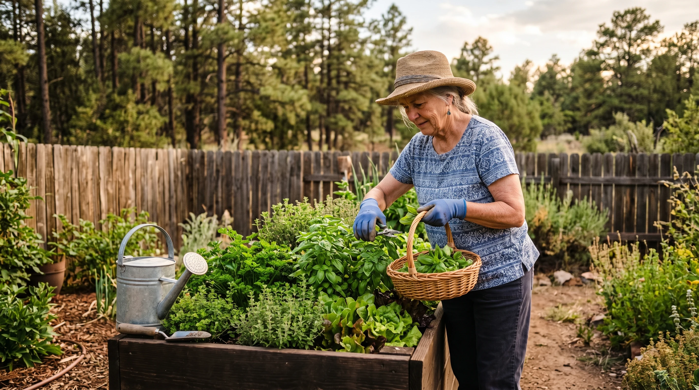 Senior tending raised garden beds in a Prescott Arizona backyard