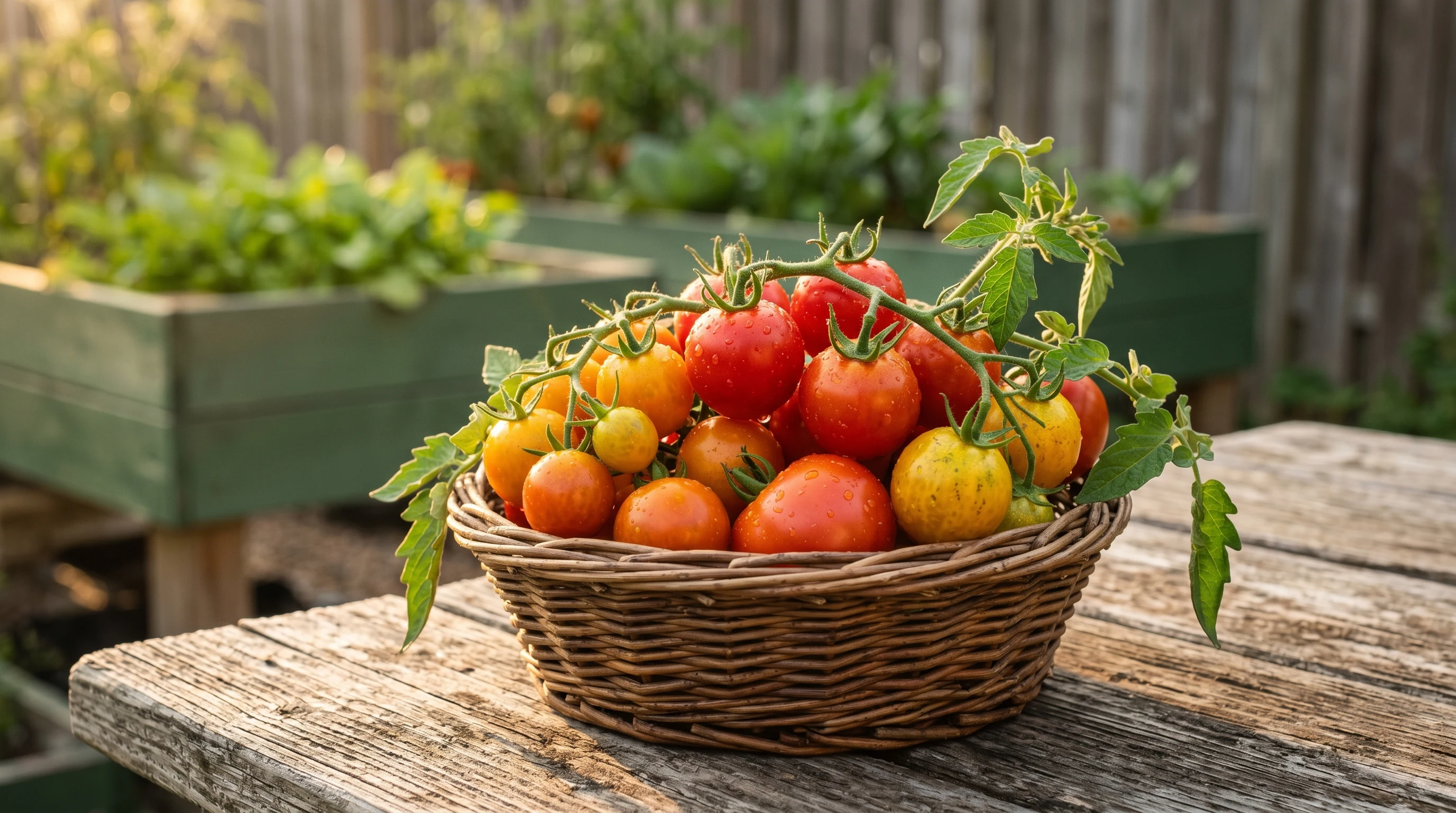 Freshly harvested heirloom tomatoes on the vine in a sunlit garden