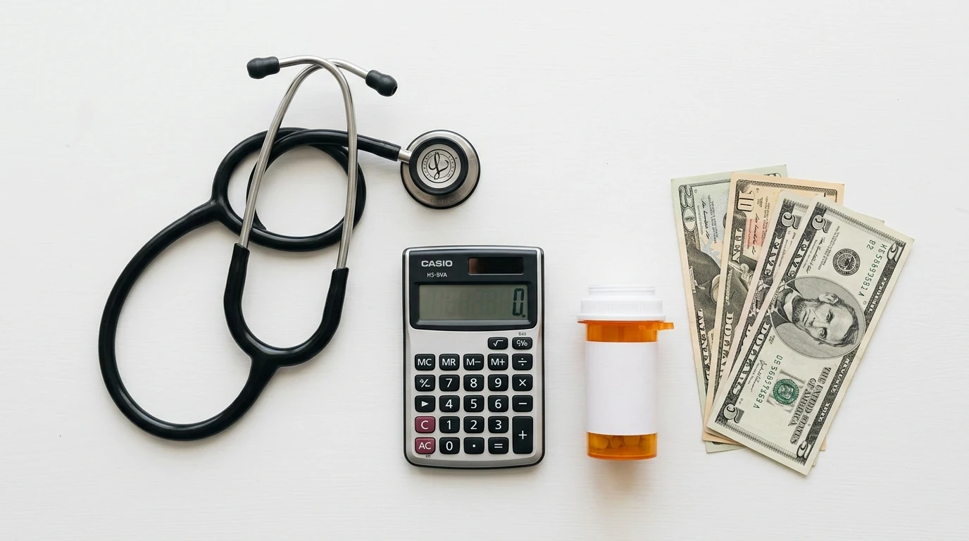 Stethoscope calculator prescription bottle and dollar bills on a white surface representing healthcare costs