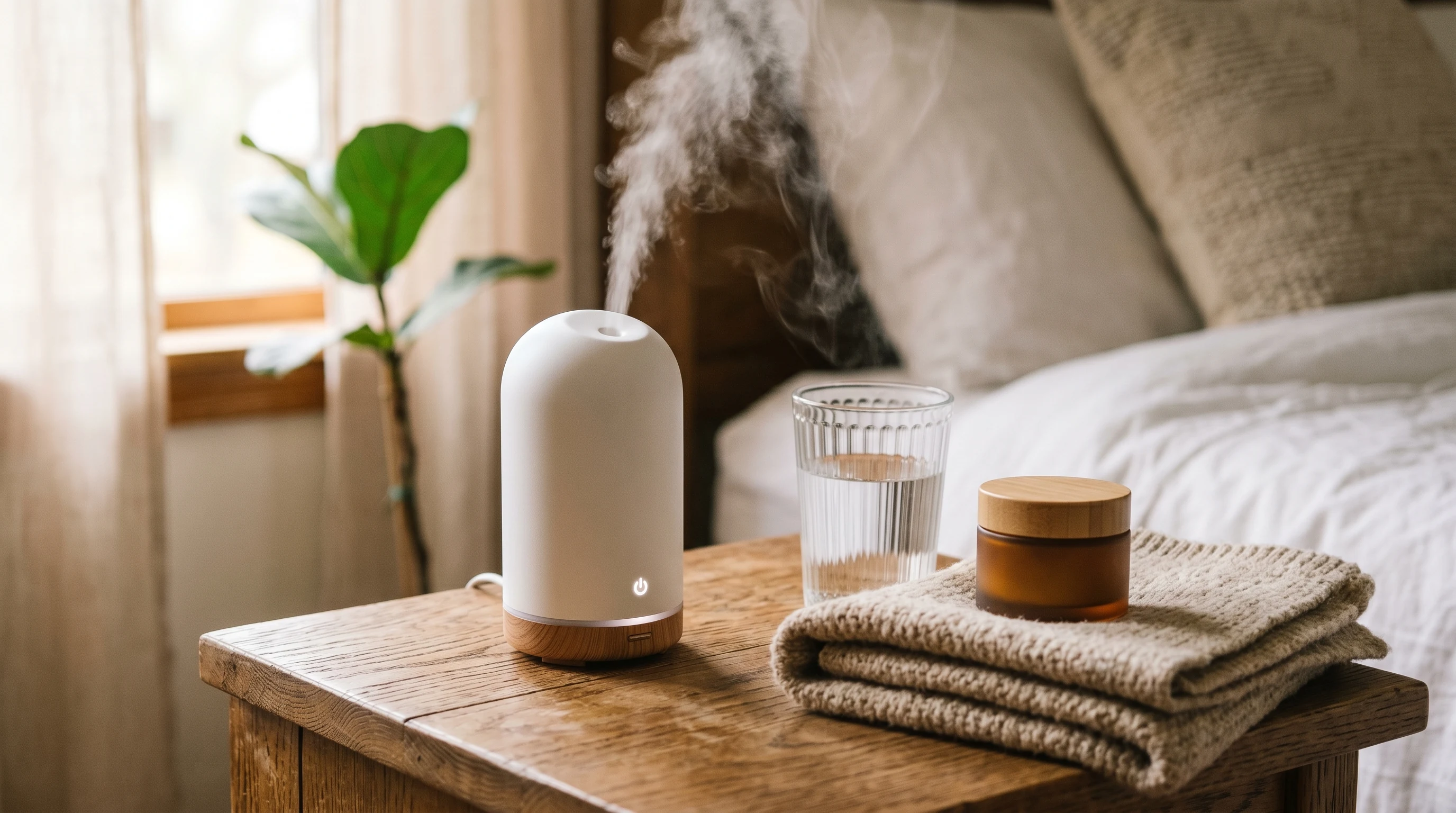 Humidifier and skincare on a nightstand to combat dry desert air