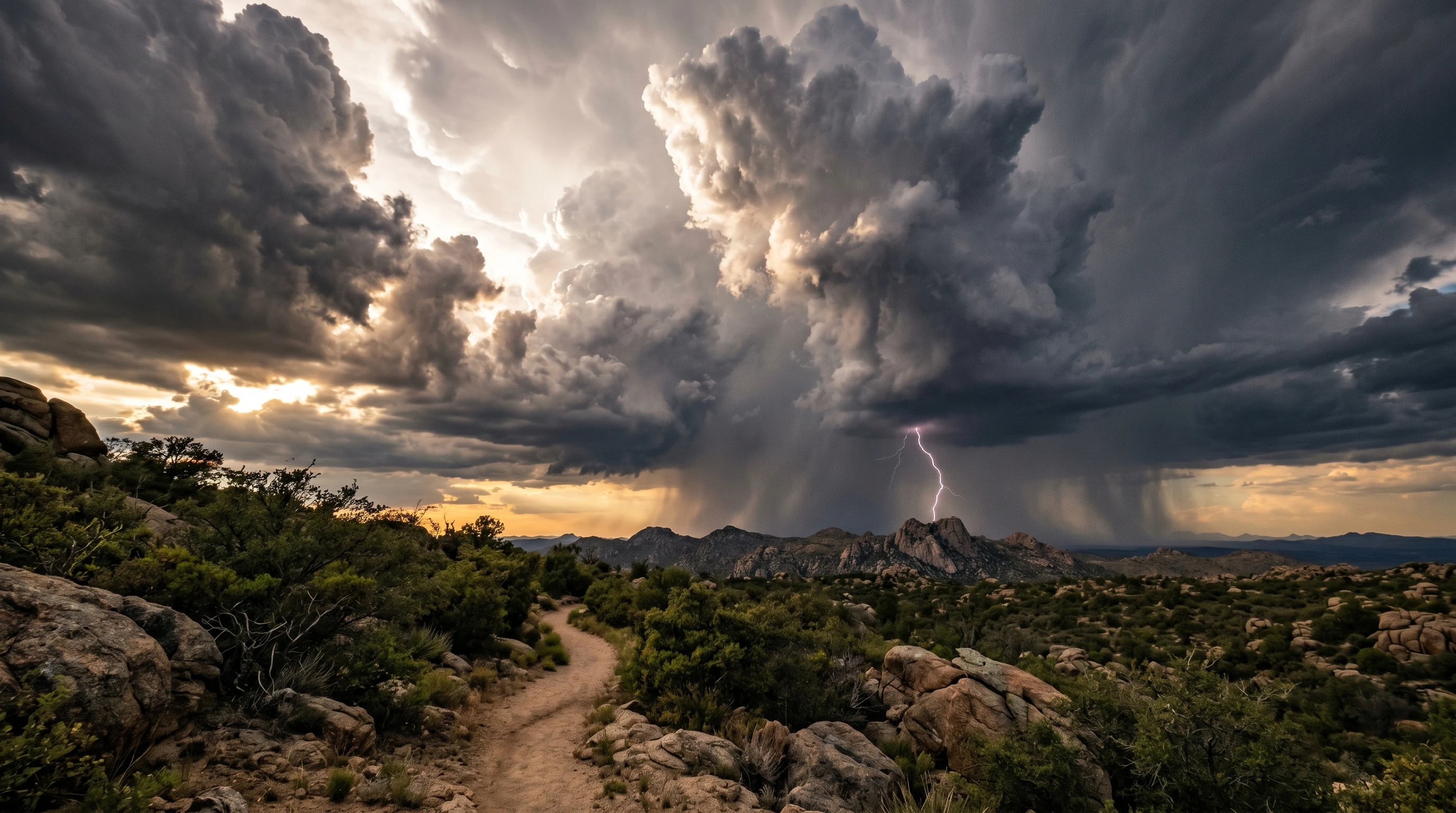Dramatic monsoon thunderstorm building over Prescott granite landscape