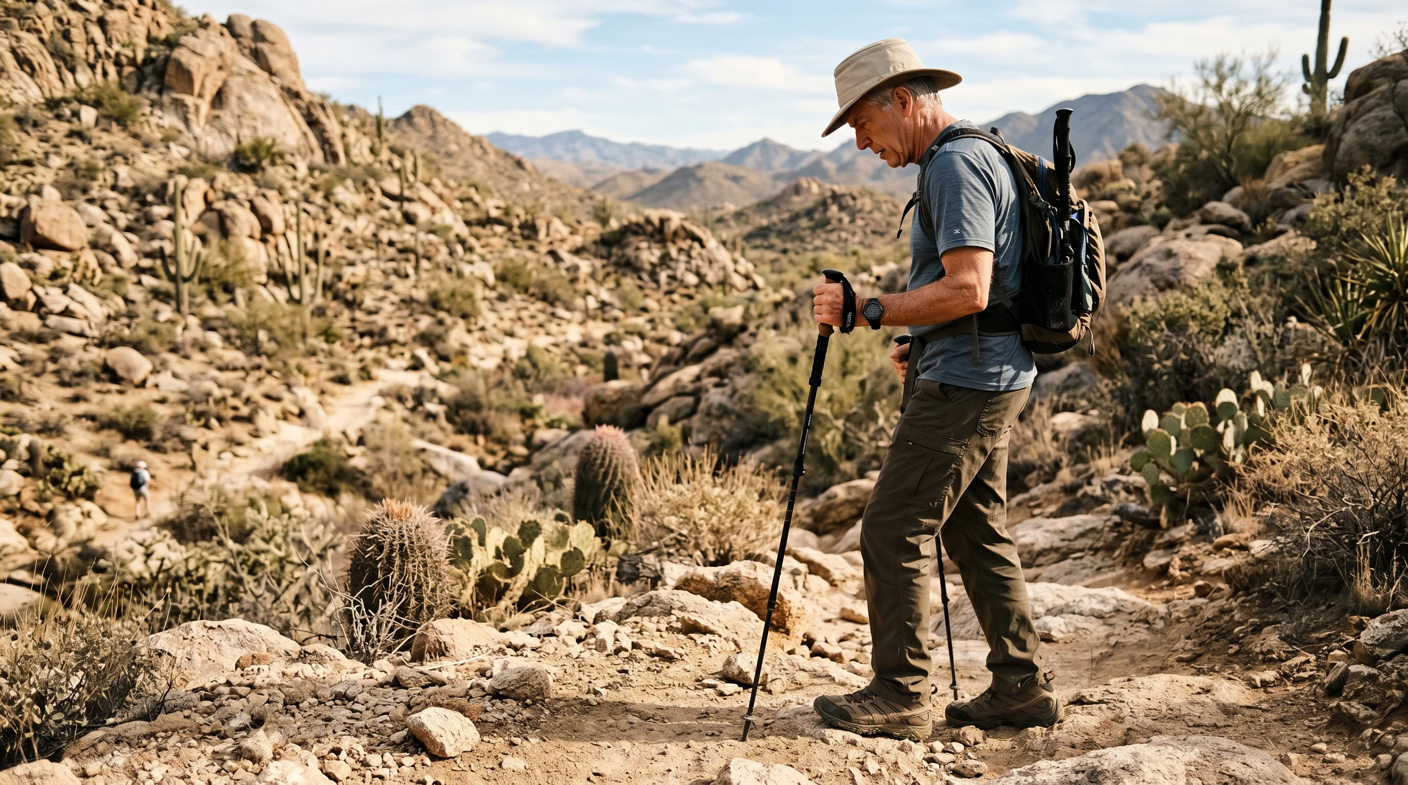 Hiker examining a rocky trail section carefully — staying alert in rattlesnake country