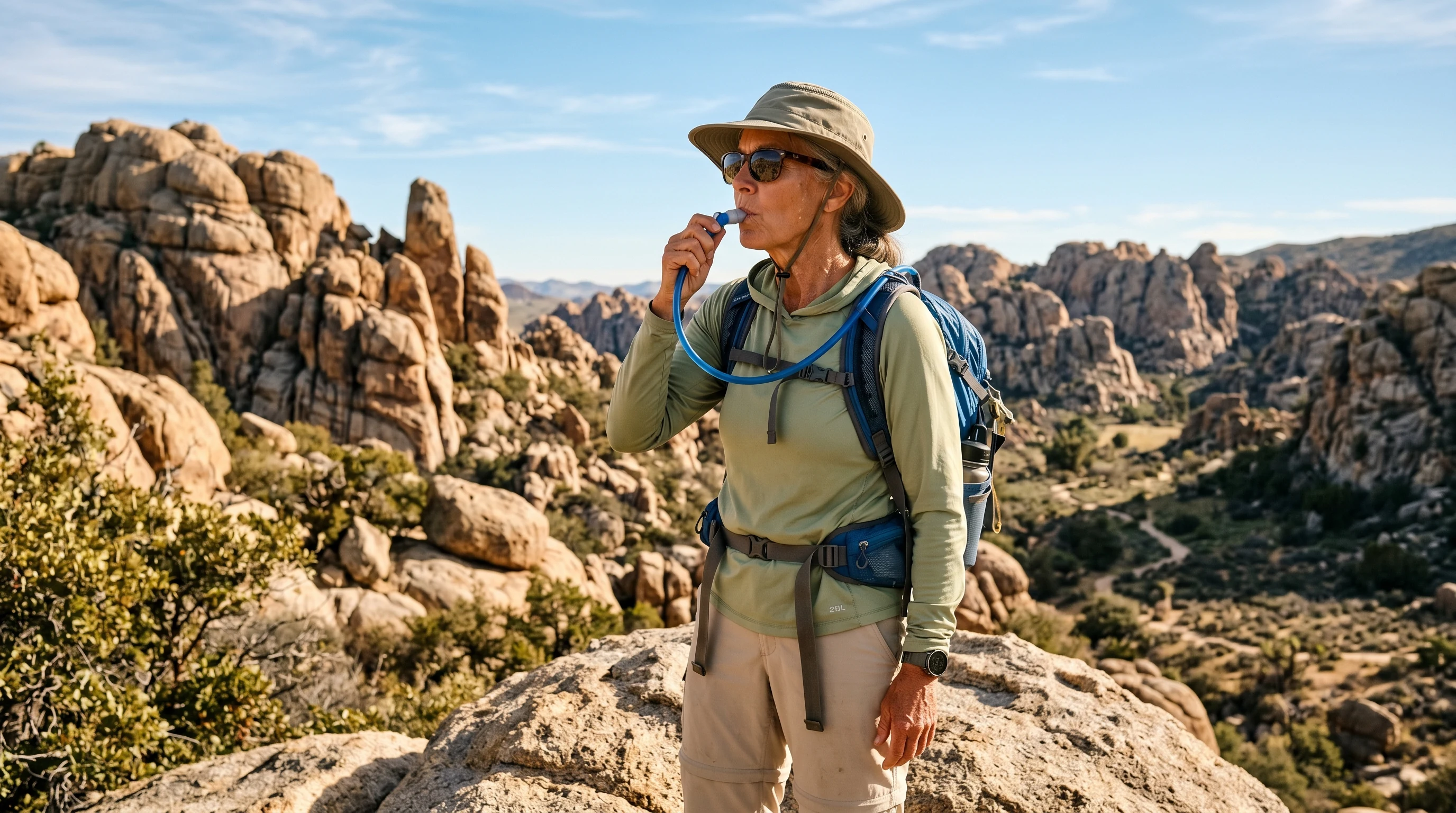 Hiker pausing to drink from a hydration pack on a sunny Arizona trail