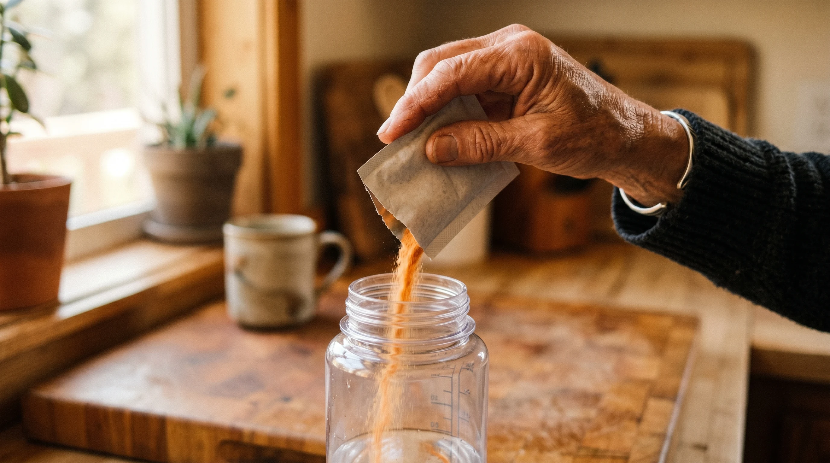 Older adult adding electrolyte powder to a water bottle