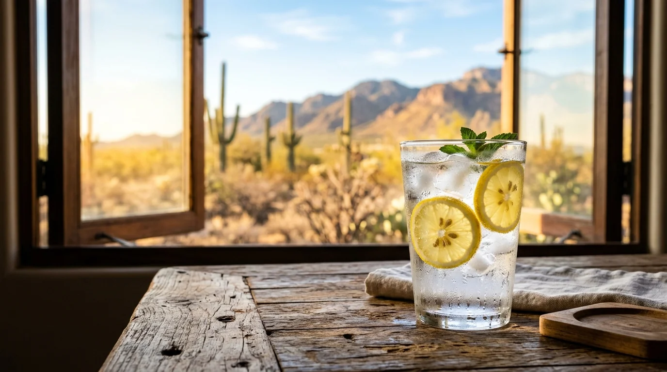 Refreshing glass of water with ice and lemon on a rustic table with Arizona landscape through window