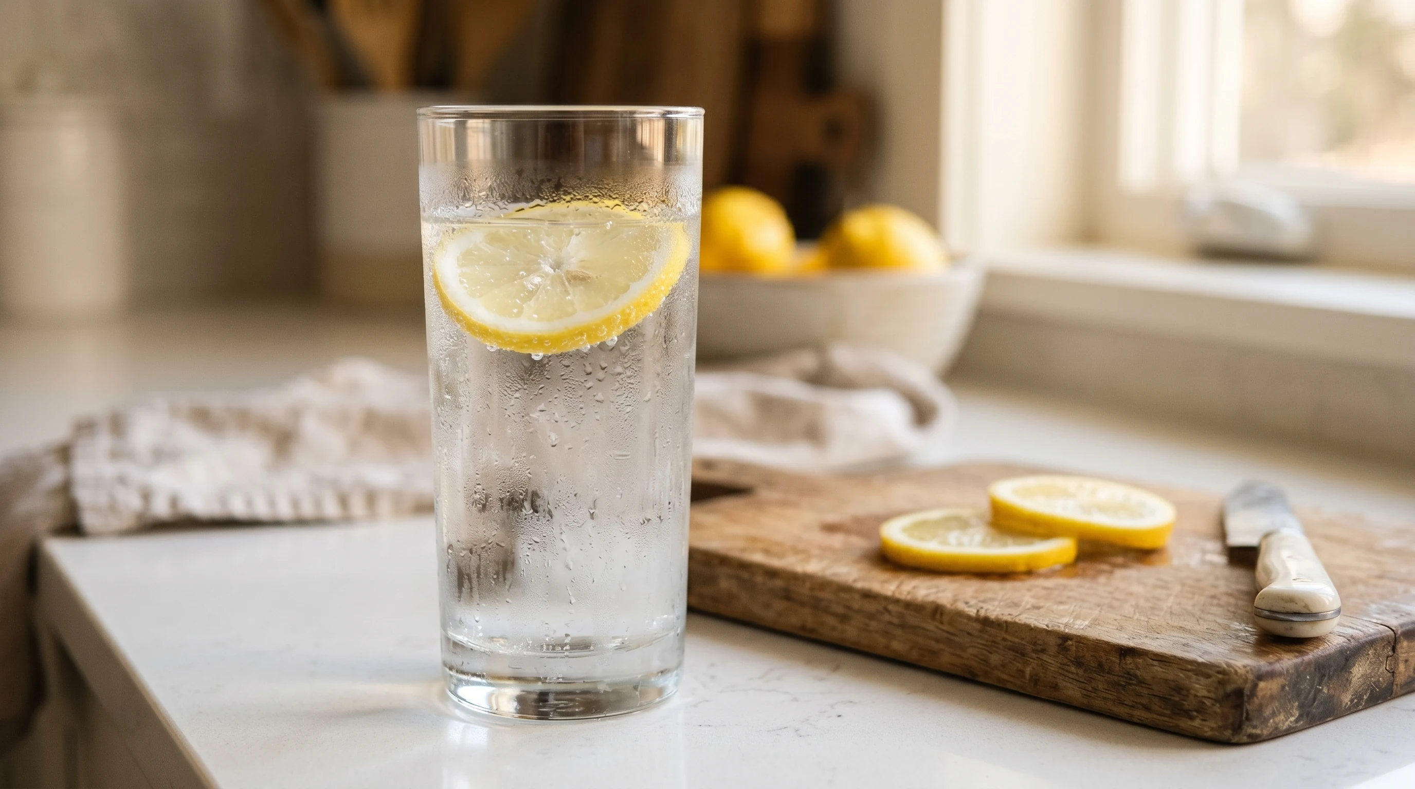 Tall glass of water with lemon on a kitchen counter