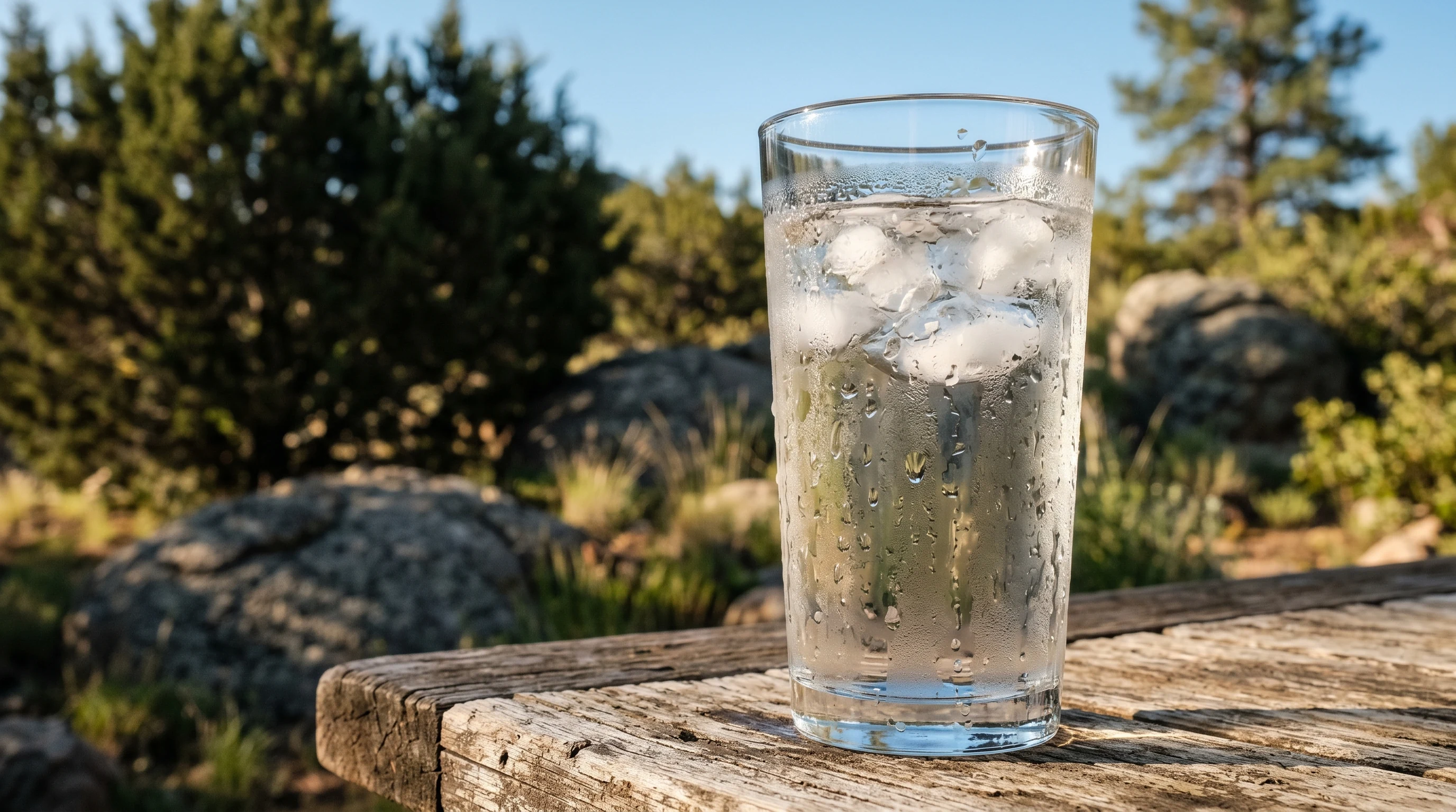 Glass of ice water on a sunny patio in Arizona high desert