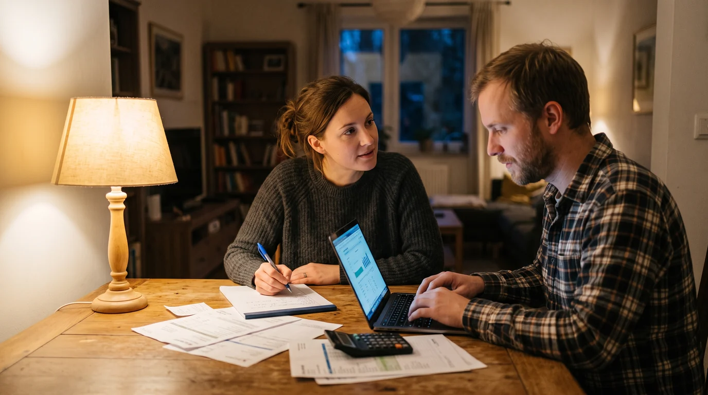A couple working through household costs at a dining table in the evening