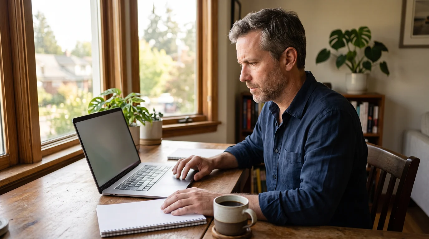 A man comparing health insurance plan options on a laptop at a home desk