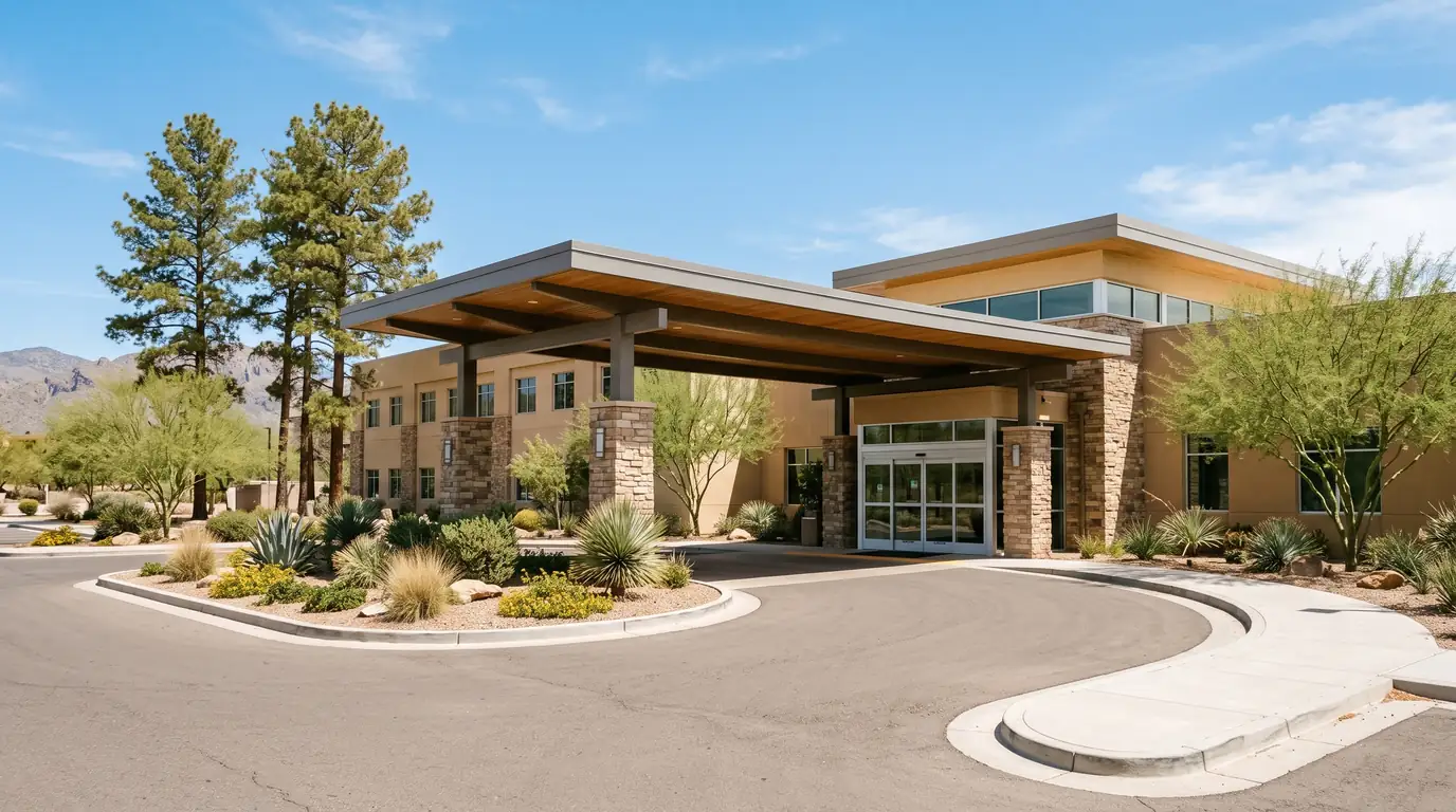 The entrance of a community hospital on a clear Arizona day